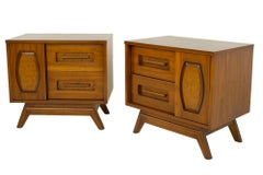 Young Manufacturing Mid Century Walnut and Burlwood Nightstands, a Pair