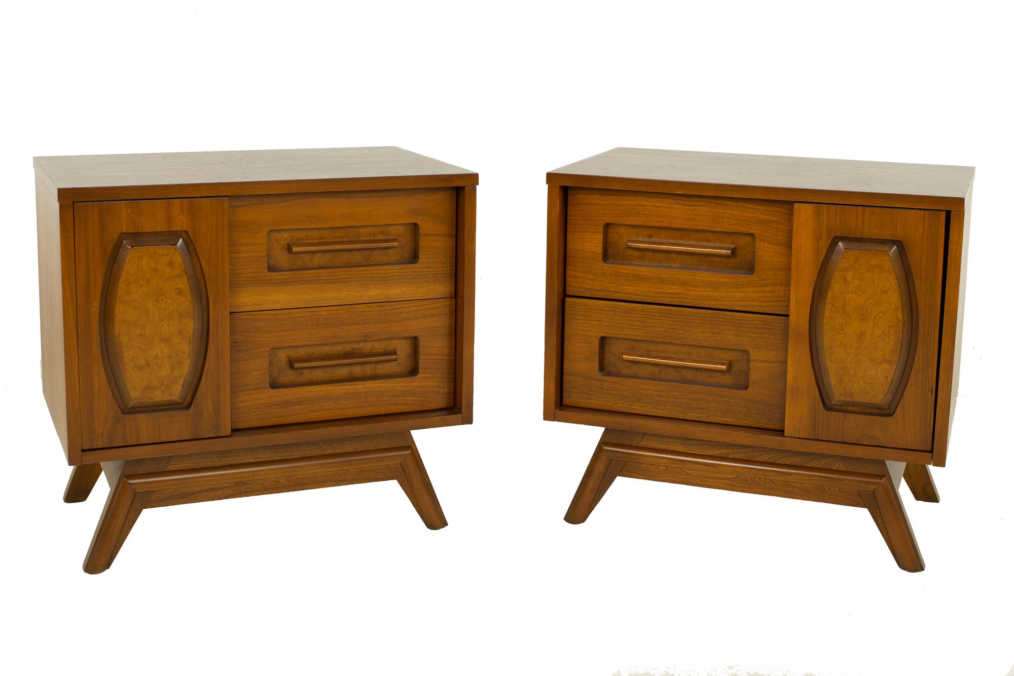 Mid-Century Modern Young Manufacturing Mid Century Walnut and Burlwood Nightstands, a Pair