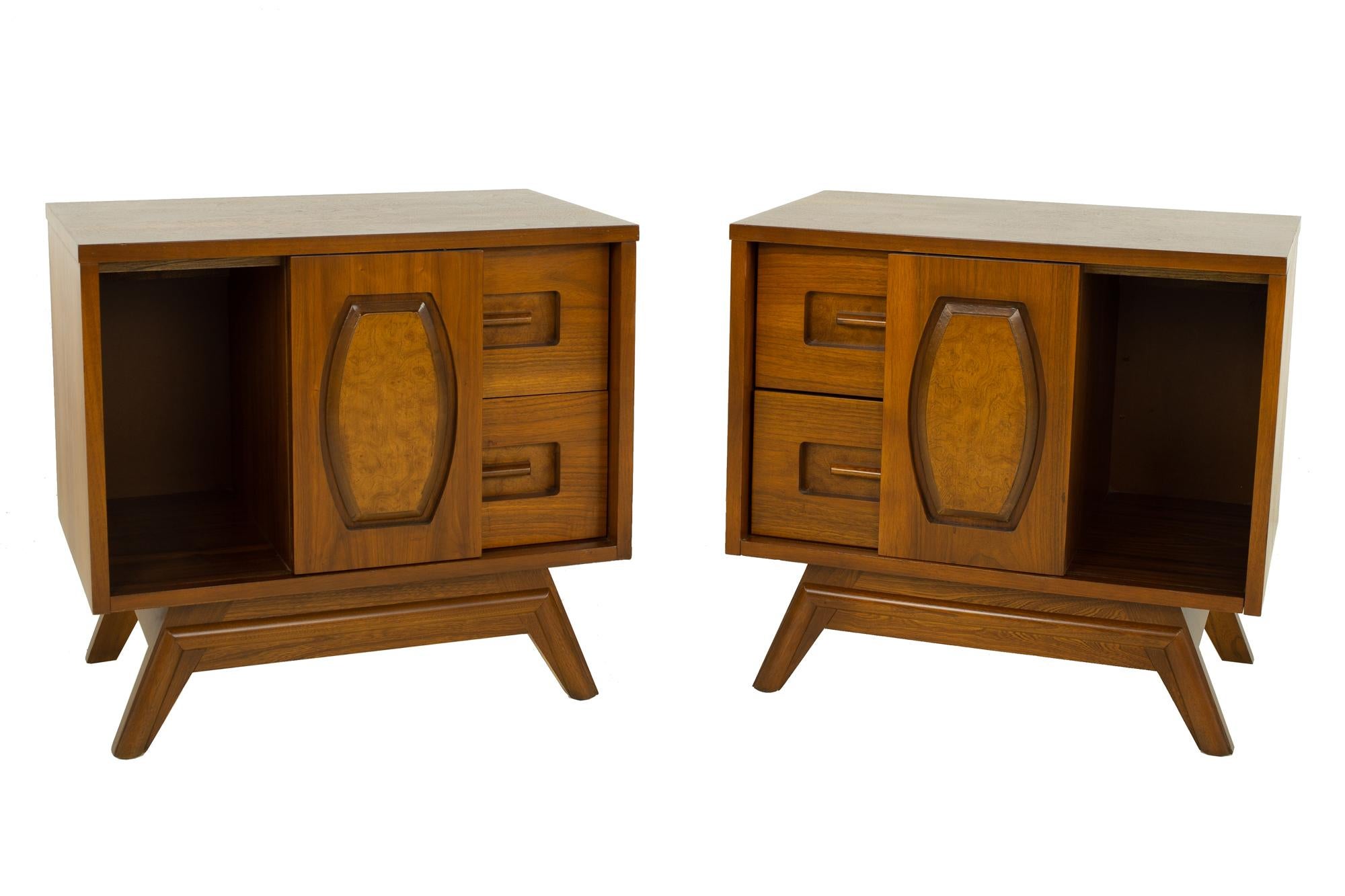 American Young Manufacturing Mid Century Walnut and Burlwood Nightstands, a Pair