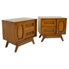 Young Manufacturing Mid Century Walnut and Burlwood Nightstands, a Pair
