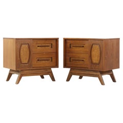 Used Young Manufacturing Mid Century Walnut and Burlwood Nightstands, Pair