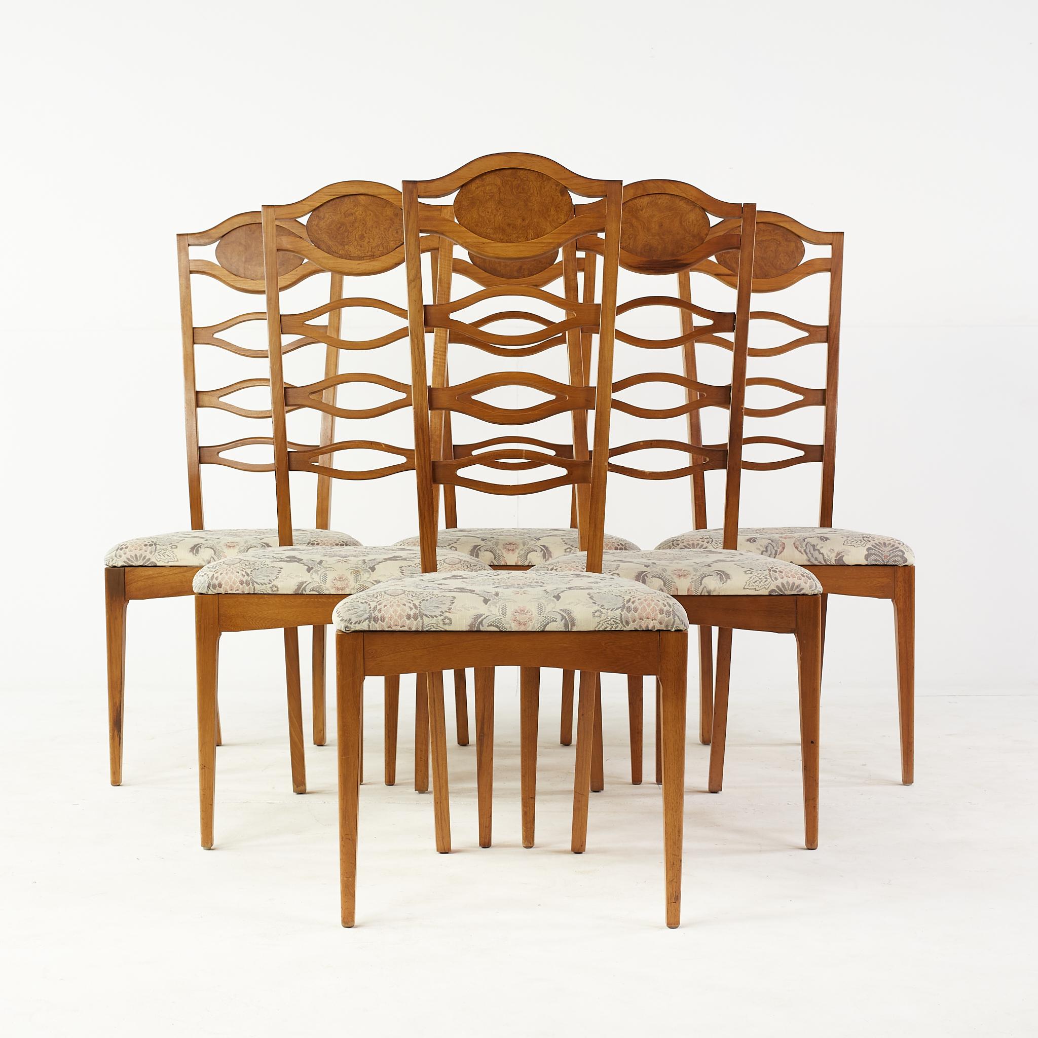 Young Manufacturing mid century walnut and burlwood side dining chairs - set of 6.

These chairs measure: 20.5 wide x 21 deep x 46.25 inches high, with a seat height/chair clearance of 18.5 inches.

All pieces of furniture can be had in what we