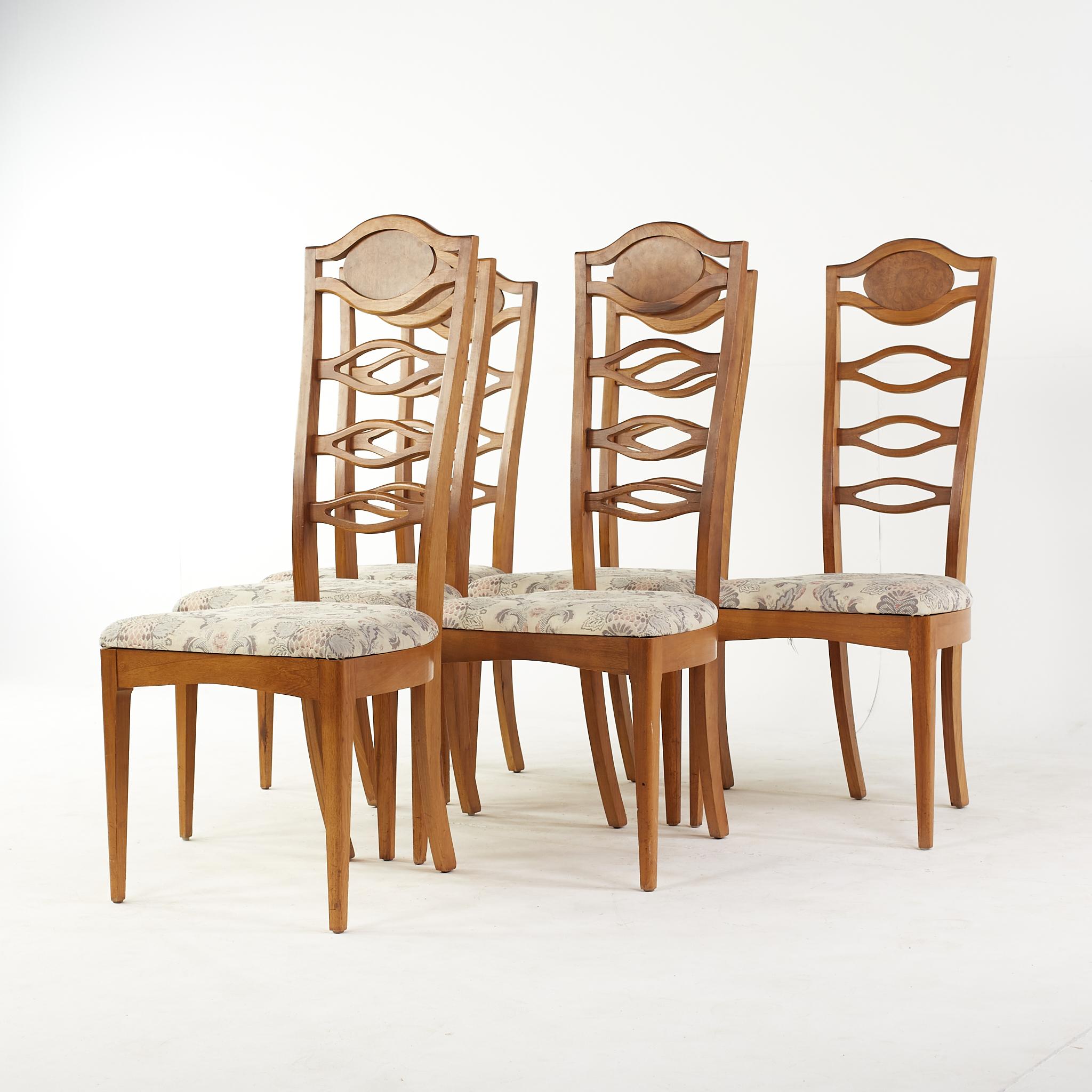 Mid-Century Modern Young Manufacturing Mid-Century Walnut and Burlwood Side Dining Chairs, Set of  For Sale