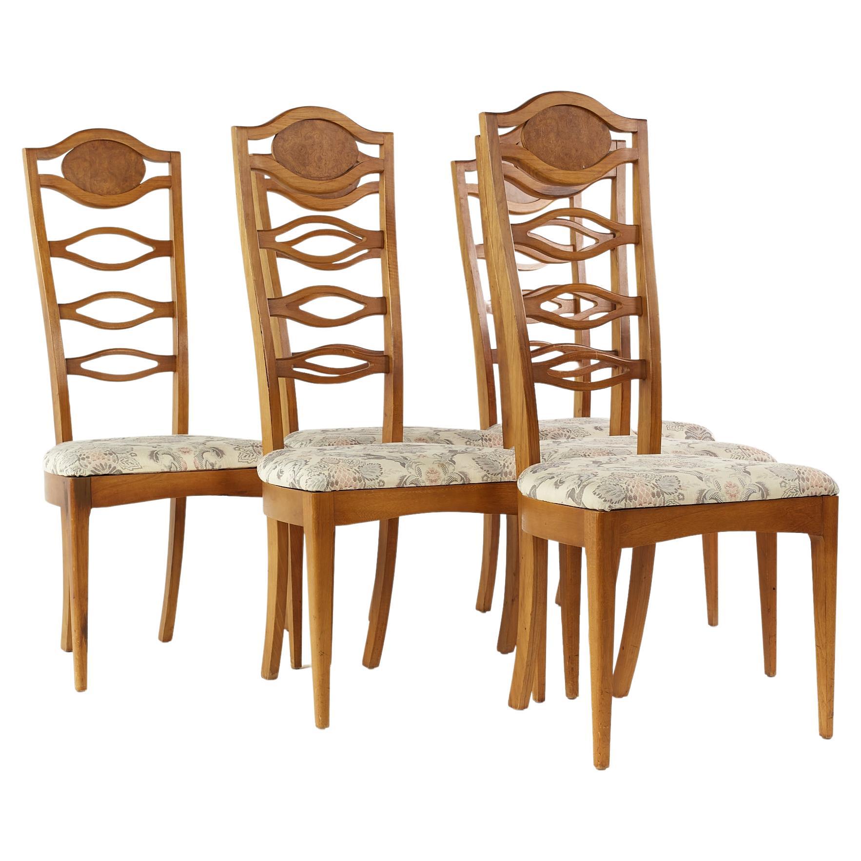 Young Manufacturing Mid-Century Walnut and Burlwood Side Dining Chairs, Set of  For Sale