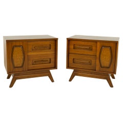 Young Manufacturing Mid Century Walnut and Burlwood Sliding Door Nightstands, A