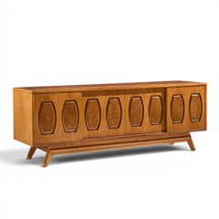 Young Manufacturing Mid Century Walnut, Burlwood Sliding Door Credenza and Hutch