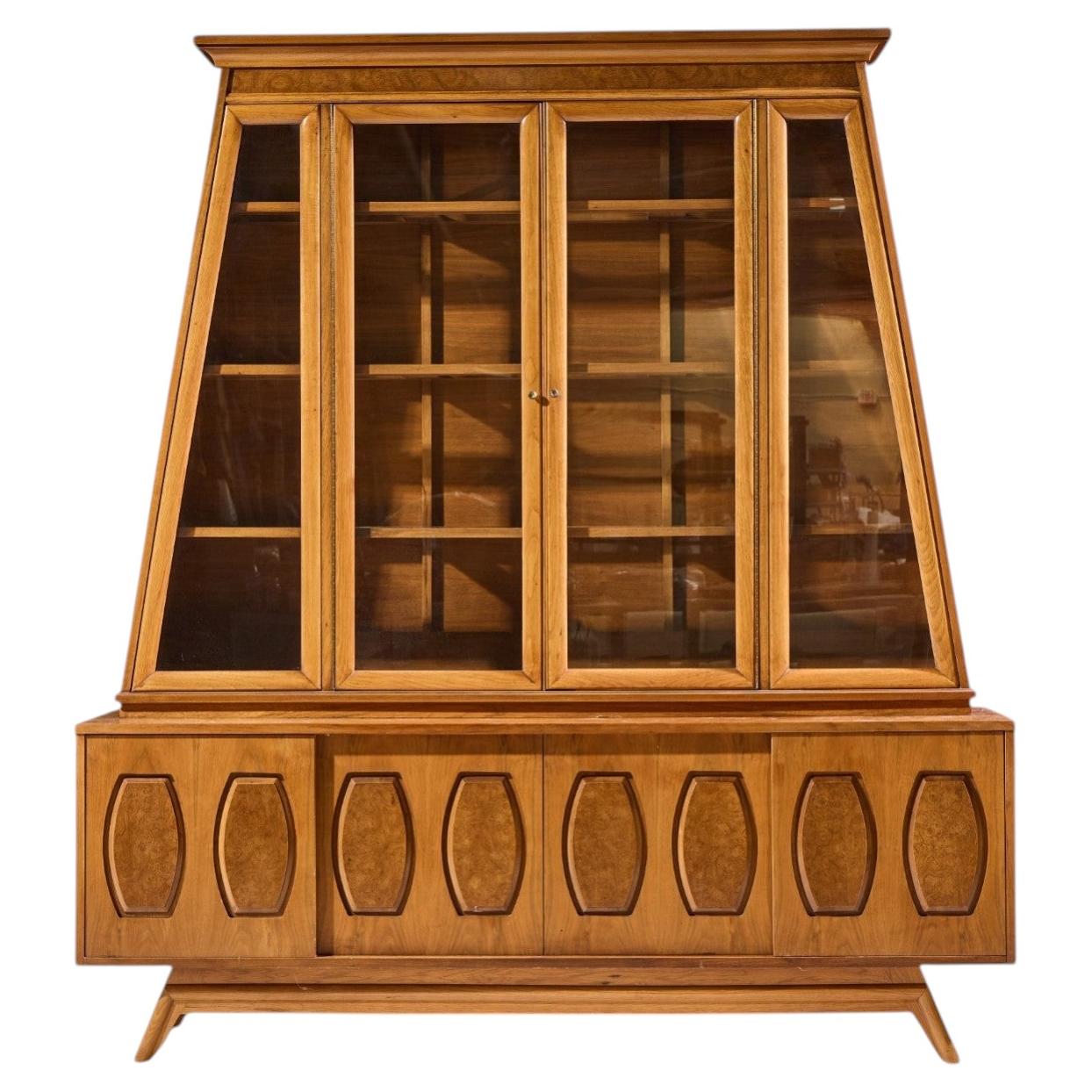 Young Manufacturing Mid Century Walnut, Burlwood Sliding Door Credenza and Hutch