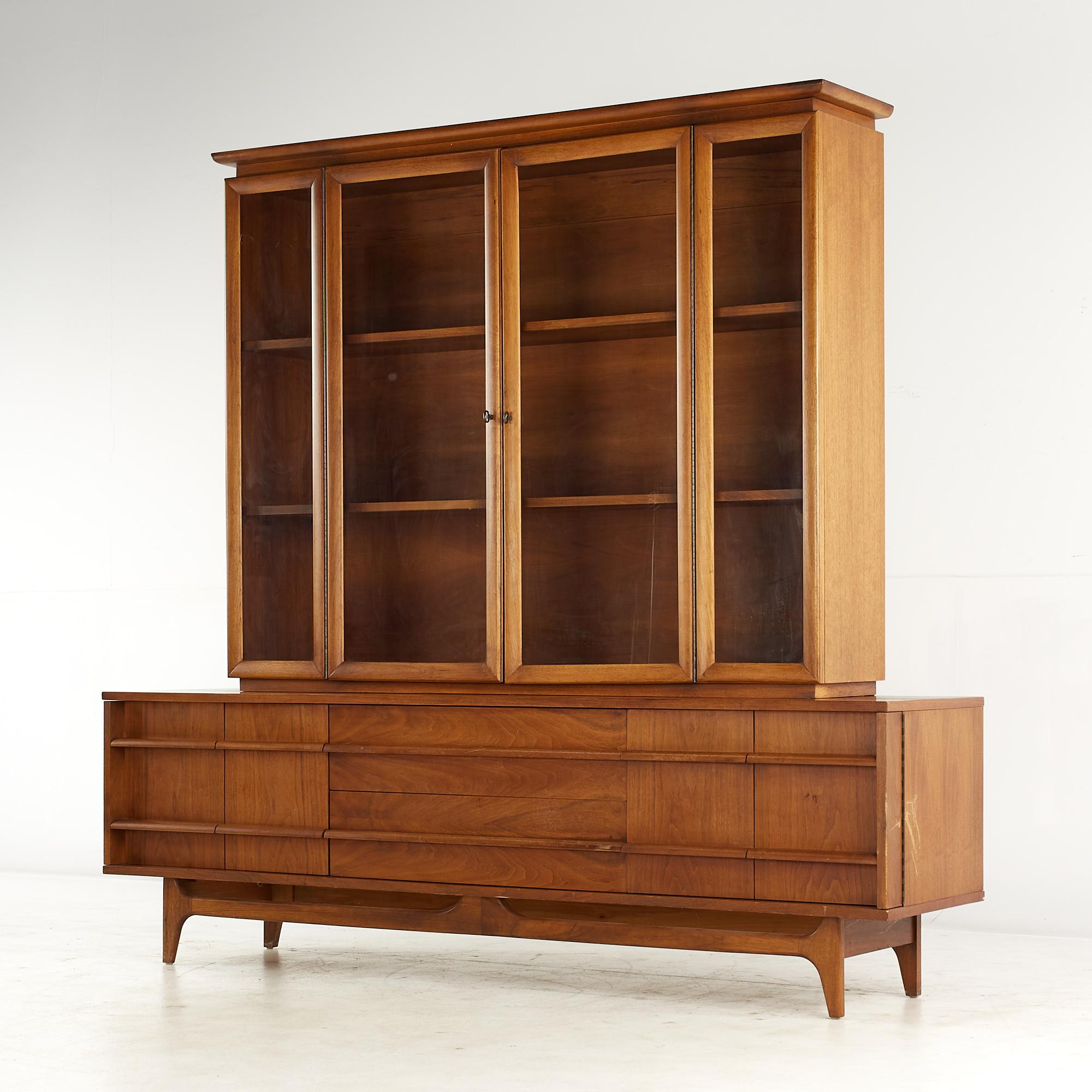 Mid-Century Modern Young Manufacturing Mid-Century Walnut Curved Buffet and Hutch