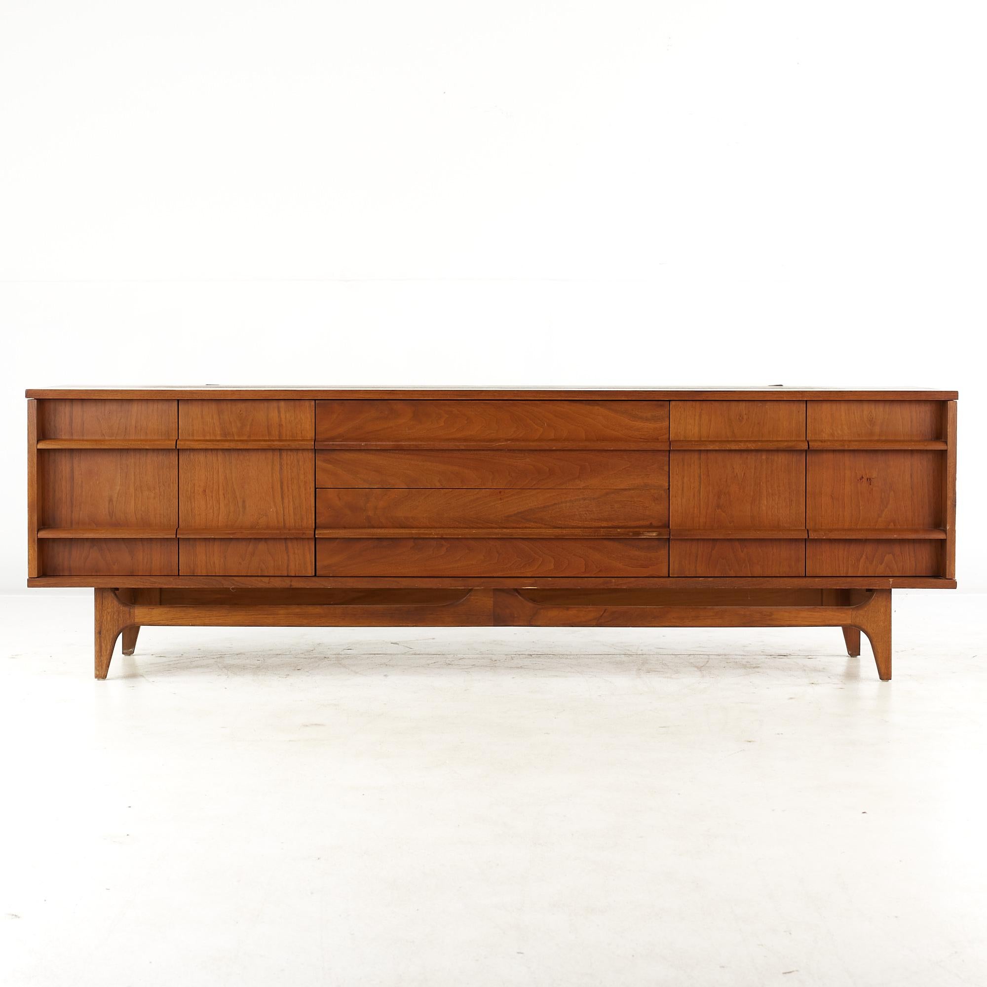 Glass Young Manufacturing Mid-Century Walnut Curved Buffet and Hutch