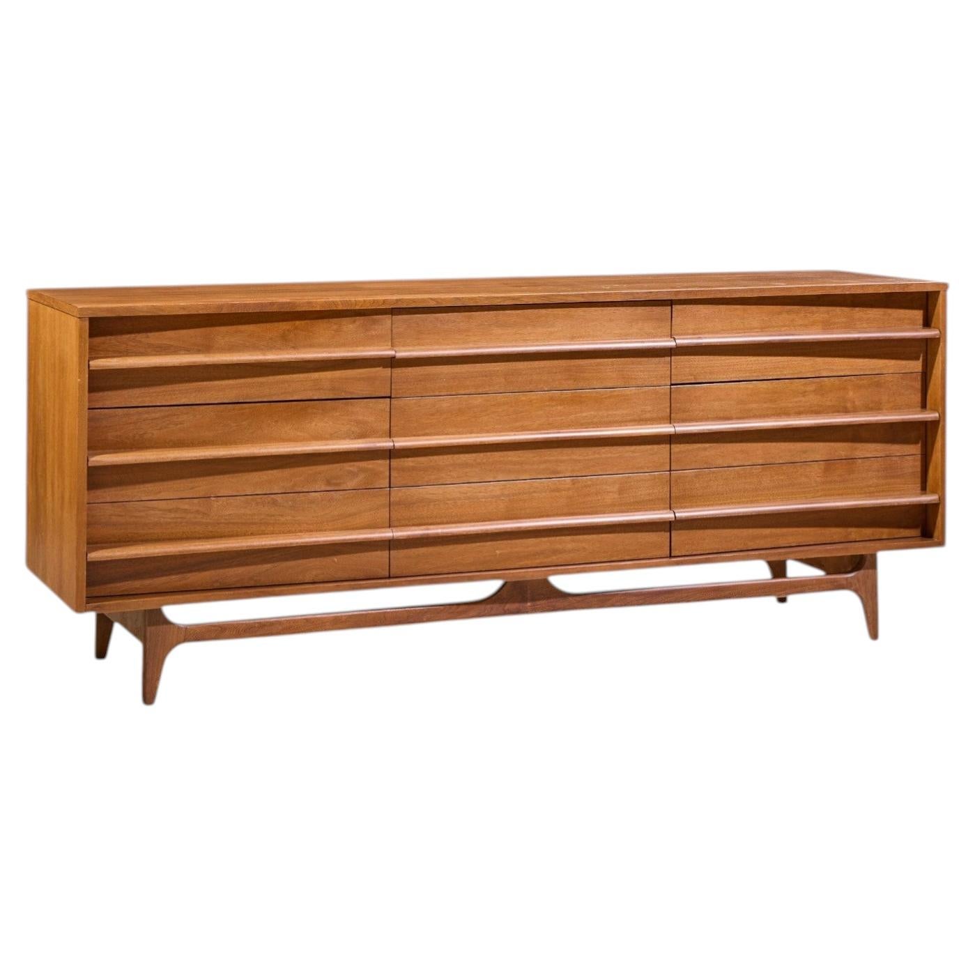 Young Manufacturing Mid Century Walnut Curved Lowboy Dresser