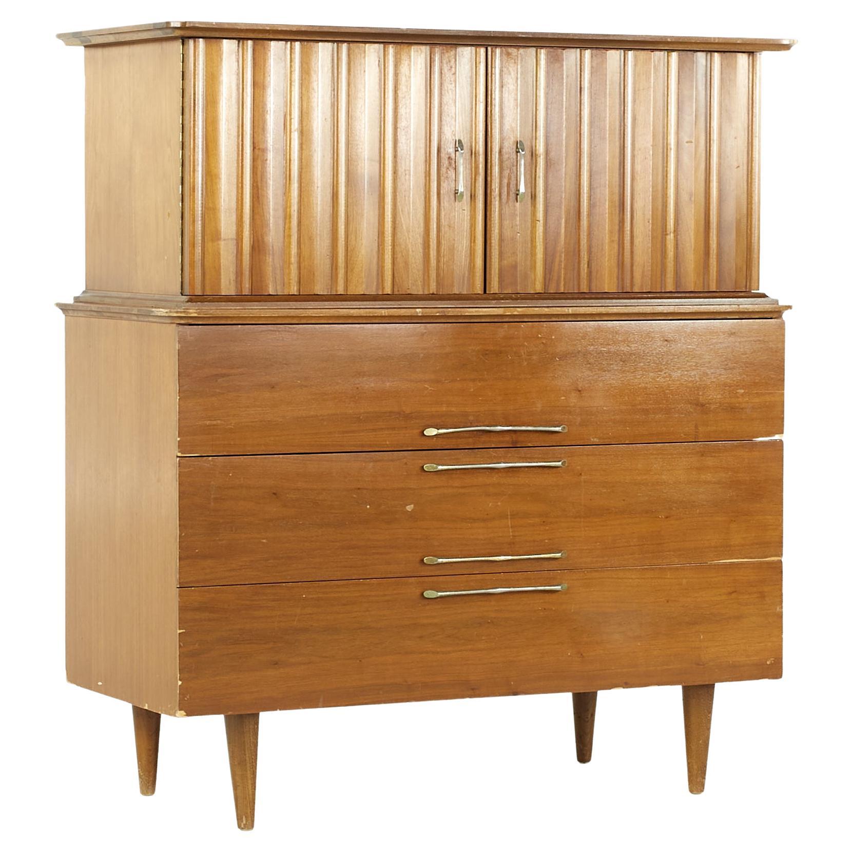 Young Manufacturing Midcentury Walnut Highboy Dresser For Sale