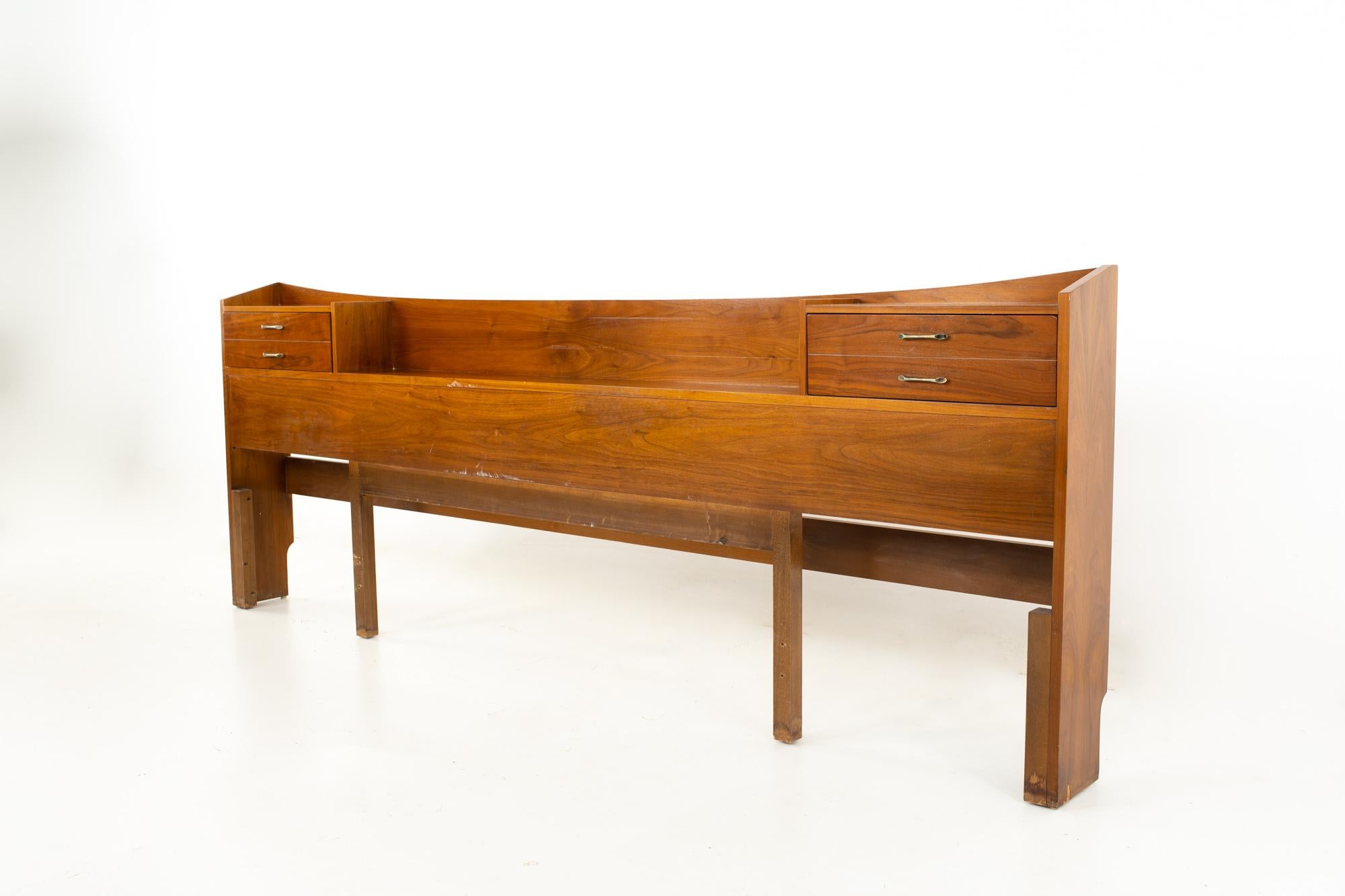 Young Manufacturing mid century walnut king headboard and nightstands
Headboard measures: 97 wide x 8 deep x 36.25 inches high

All pieces of furniture can be had in what we call restored vintage condition. That means the piece is restored upon