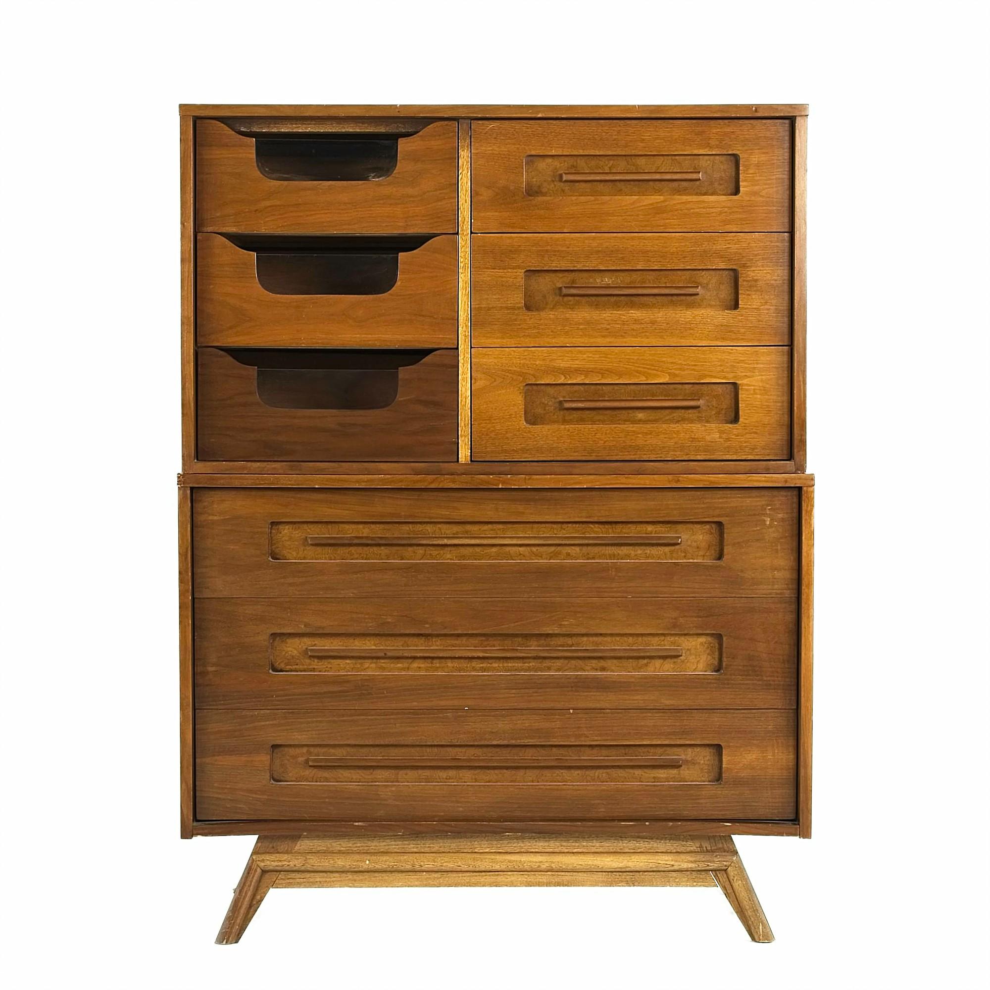 Young Manufacturing midcentury 2-piece walnut highboy dresser

The base measures 42 wide x 20 deep x 31.5 high
The top measures 41 wide x 20 deep x 24.25 high
Combined height: 55.75 inches

This price includes getting this piece in what we