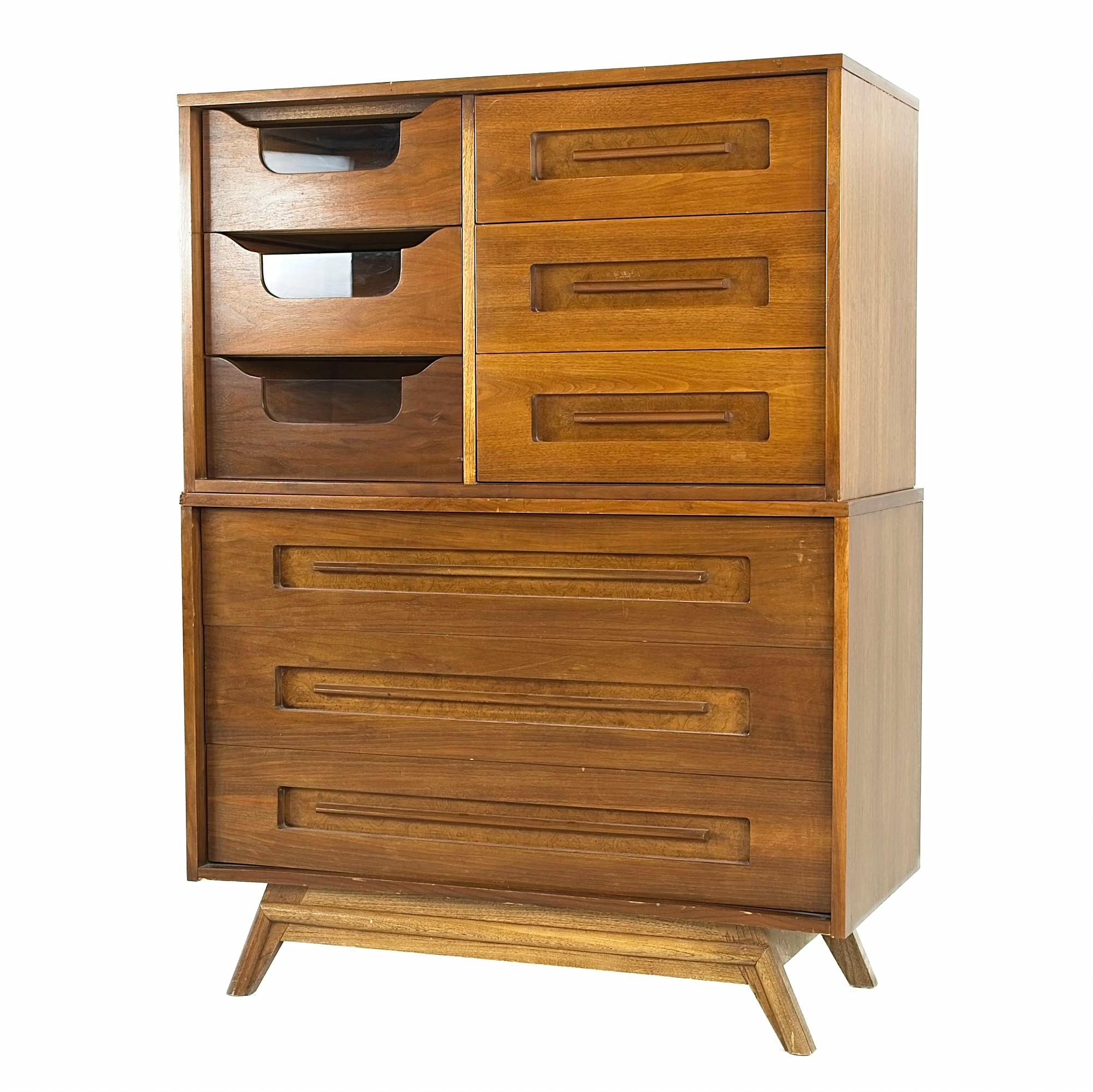 Mid-Century Modern Young Manufacturing Midcentury 2-Piece Walnut Highboy Dresser