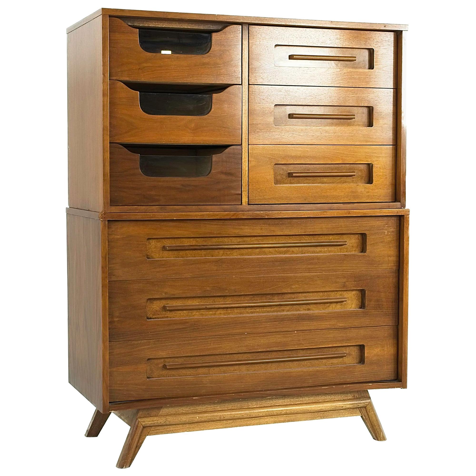 Young Manufacturing Midcentury 2-Piece Walnut Highboy Dresser