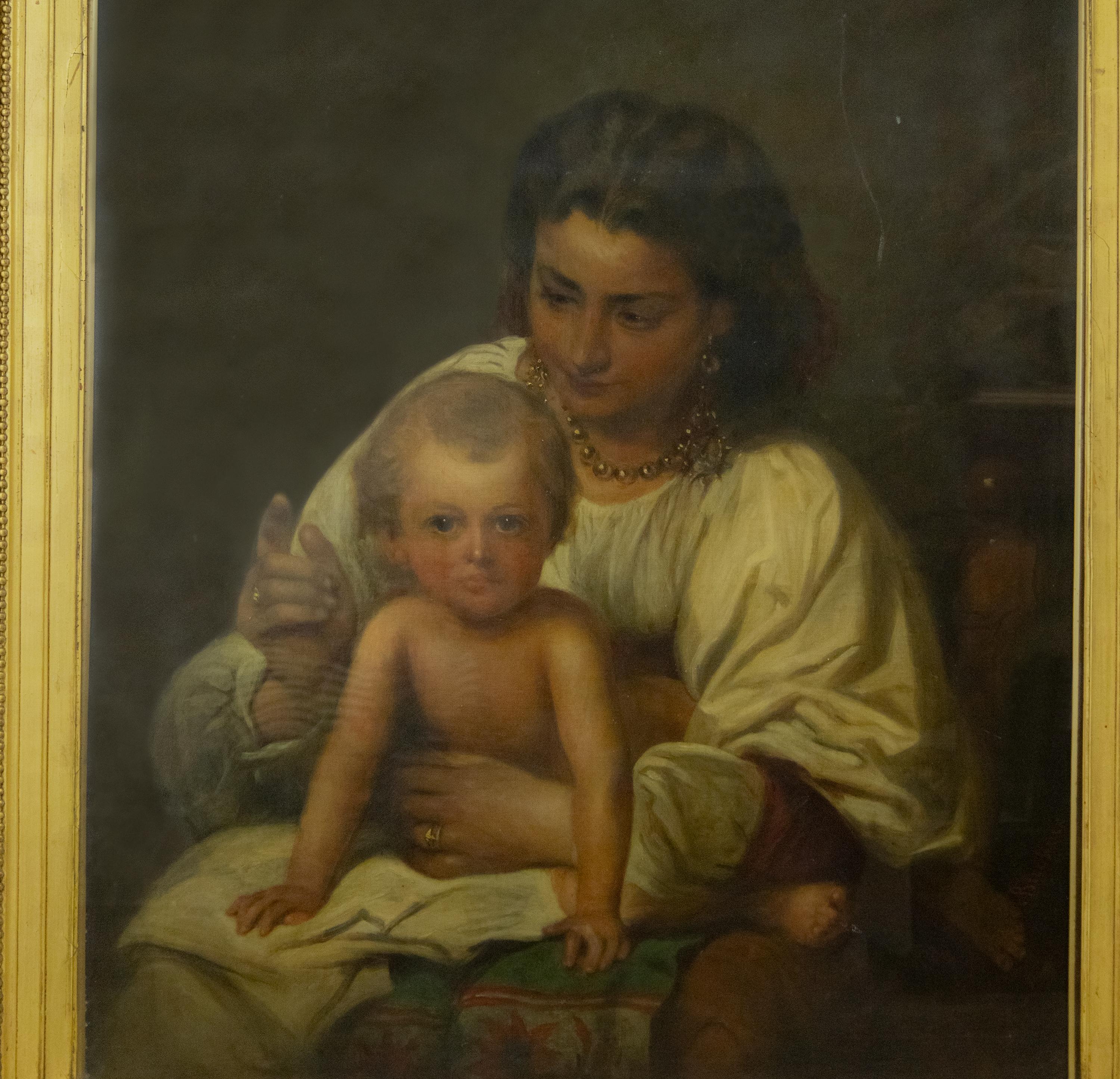 A fine painting by the English artist Richard Buckner (1812-1883) depicts a young mother holding a child.

Measures: H: 120 cm, W: 100 cm, D: 9 cm

Canvas: H: 92 cm, W: 72 cm, D: 2 cm.
 