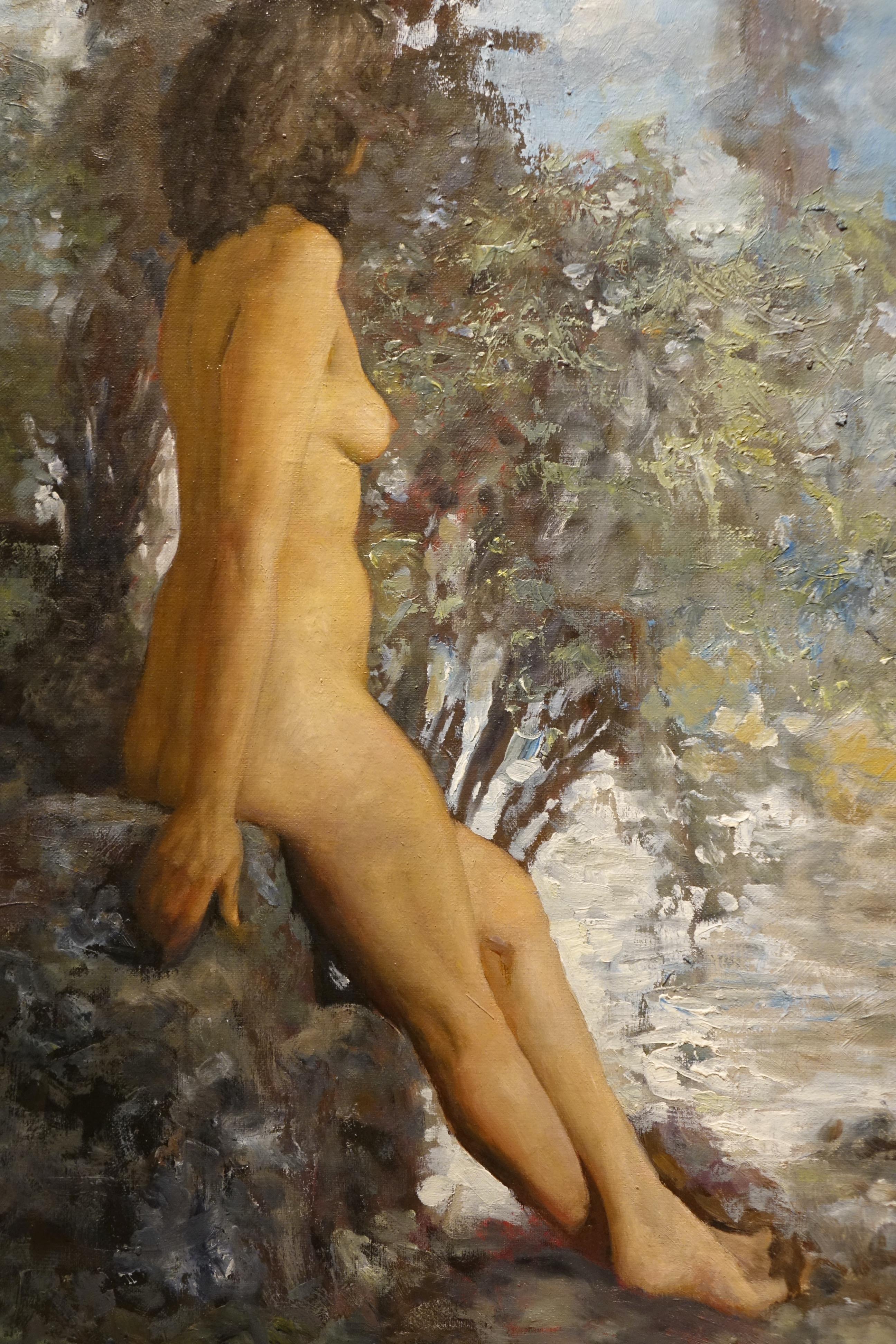Young woman posing naked, 3/4 rear, in a bucolic landscape. 
On the back of the canvas is painted a beautiful portrait of a woman. 
Lucien Henri Grangérard was born in Nancy in 1880. He studied at the Beaux-Arts there, then went to Paris where he