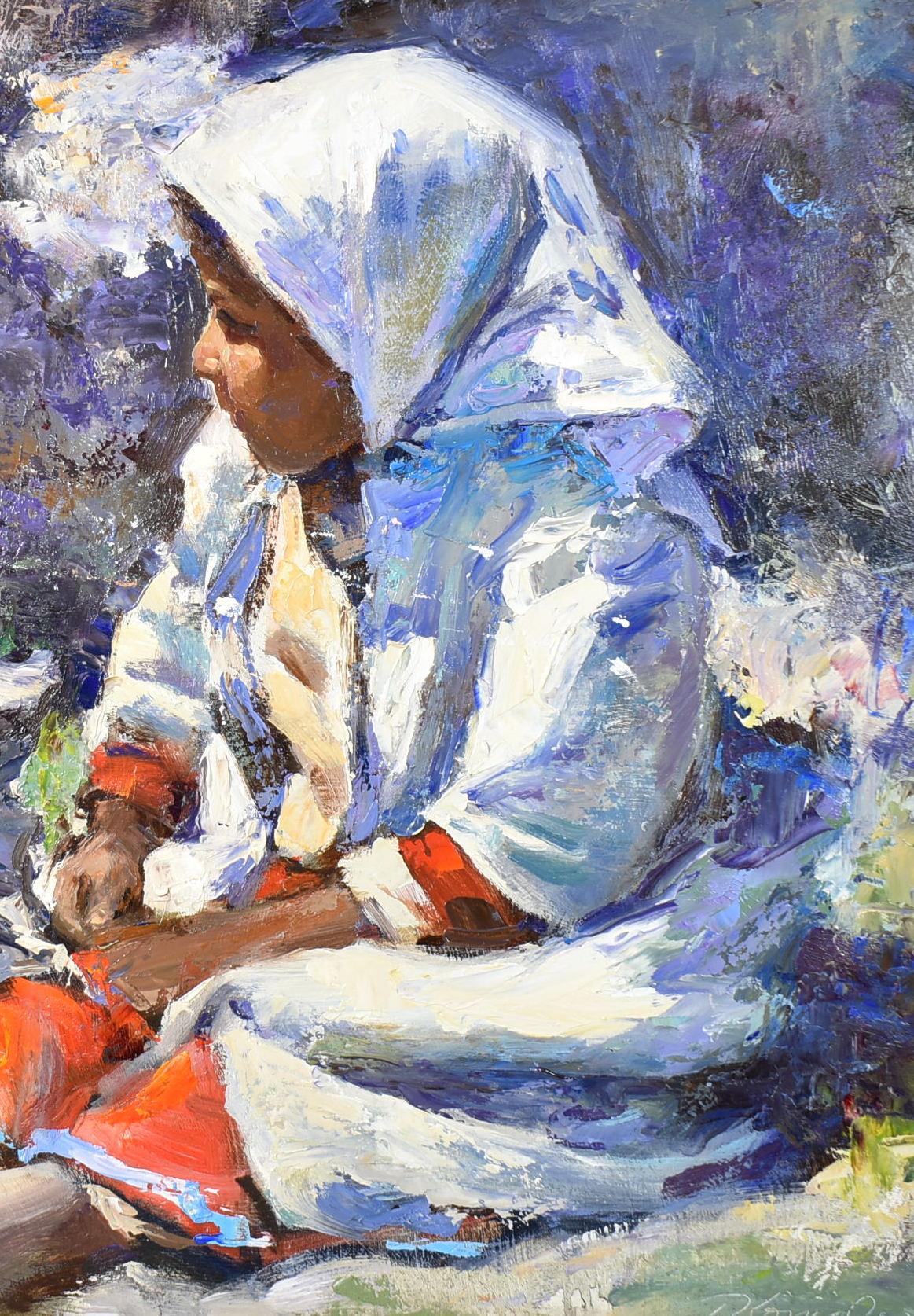 Native American girl oil painting, girl is seated wearing red dress with a white overcoat and head scarf. Blue and purple highlights in background. Framed with linen matting, a few marks on the frame. Oil painting in excellent condition. Image