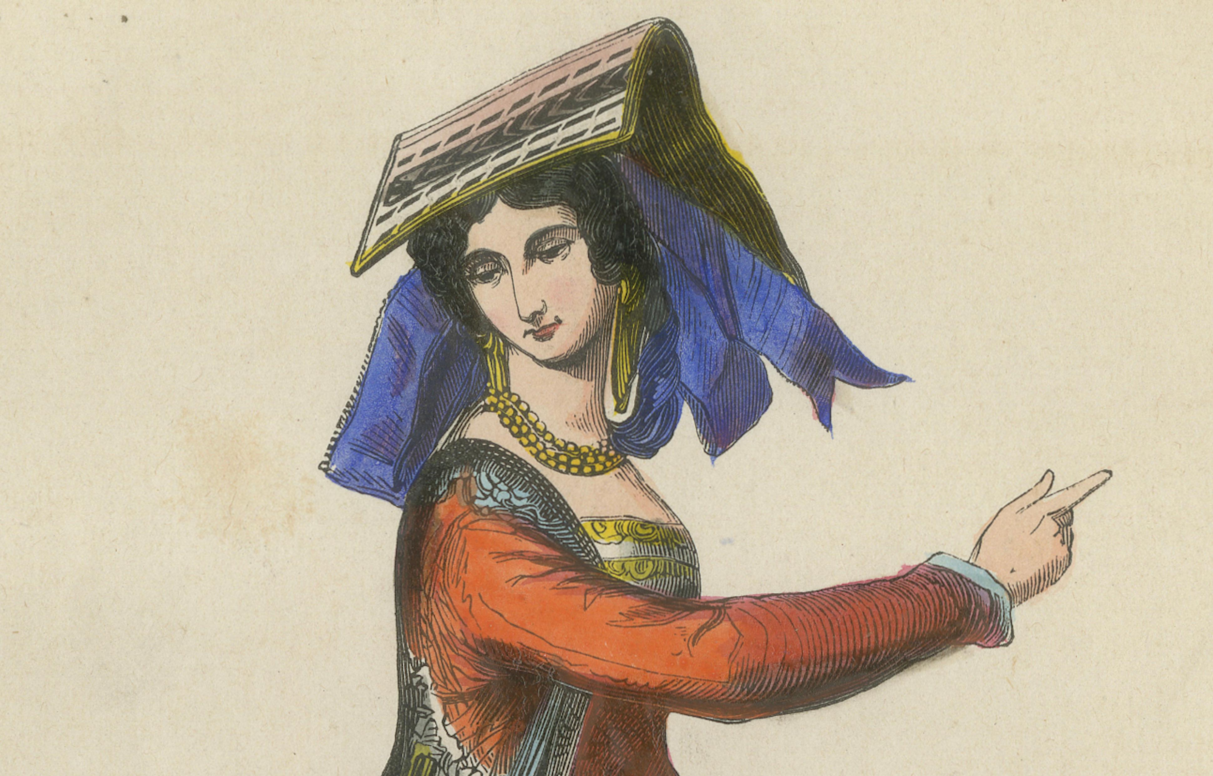 Young Roman Woman of Nettuno (near Rome) - Antique Costume Lithograph, c.1852