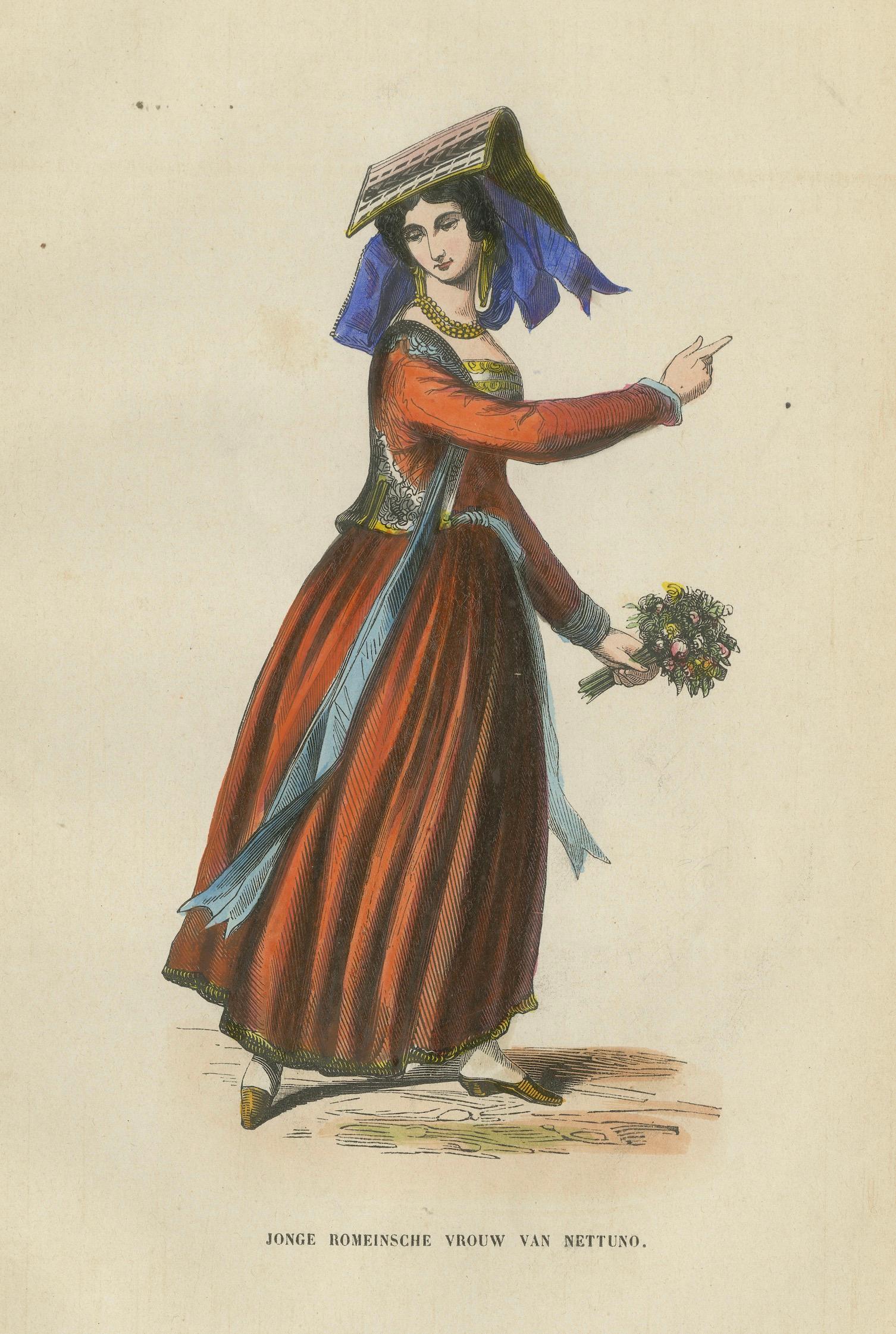 Young Roman Woman of Nettuno (near Rome) - Antique Costume Lithograph, c.1852