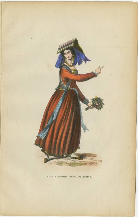 Young Roman Woman of Nettuno (near Rome) - Antique Costume Lithograph, c.1852