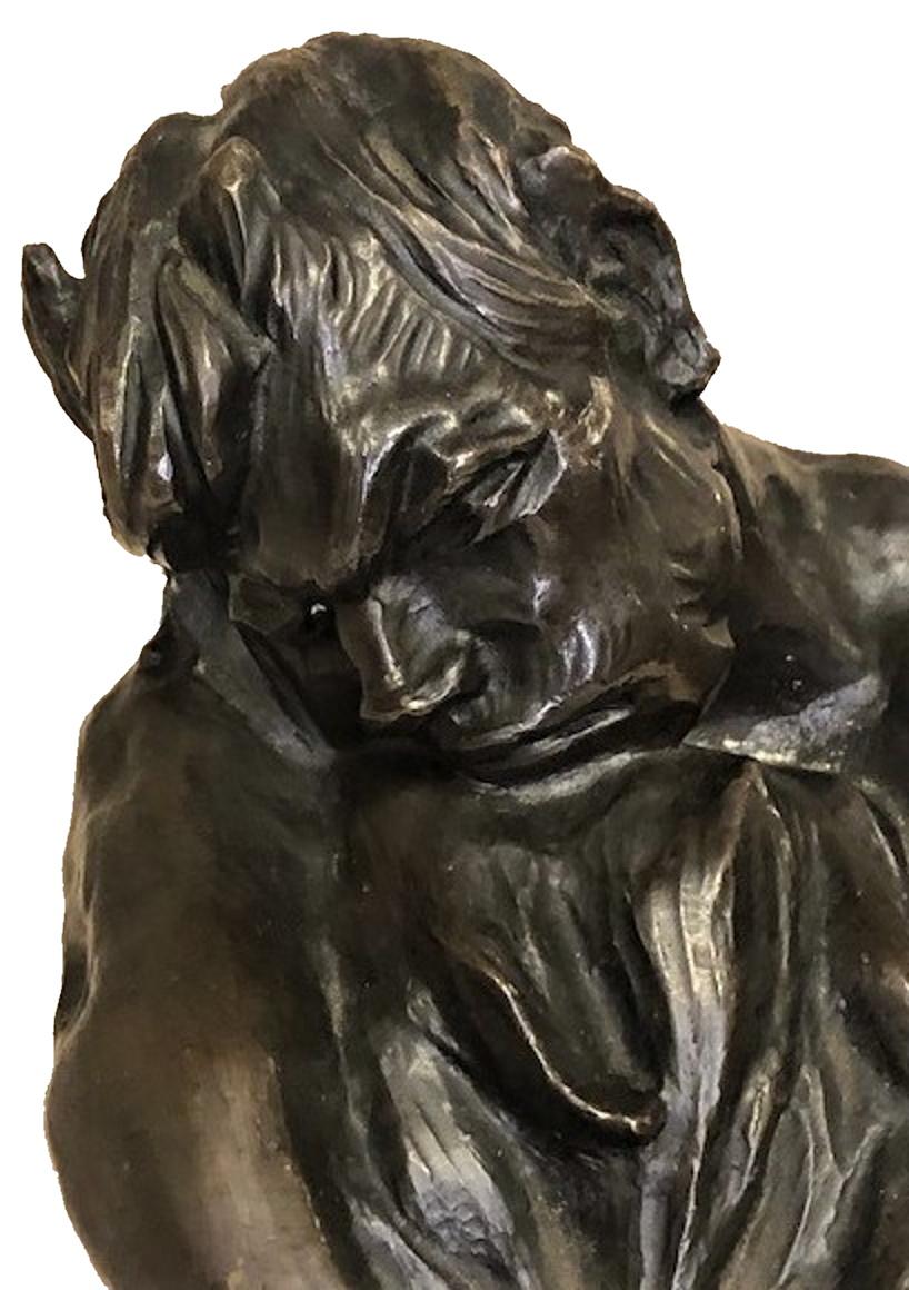 About sculpture
This outstandingly sculpted figure of a sitting in reverie young satyr was created in Western Europe (probably, Germany) during the Jugenstil, circa 1900. Over the course of Greek history, satyrs gradually became portrayed as more