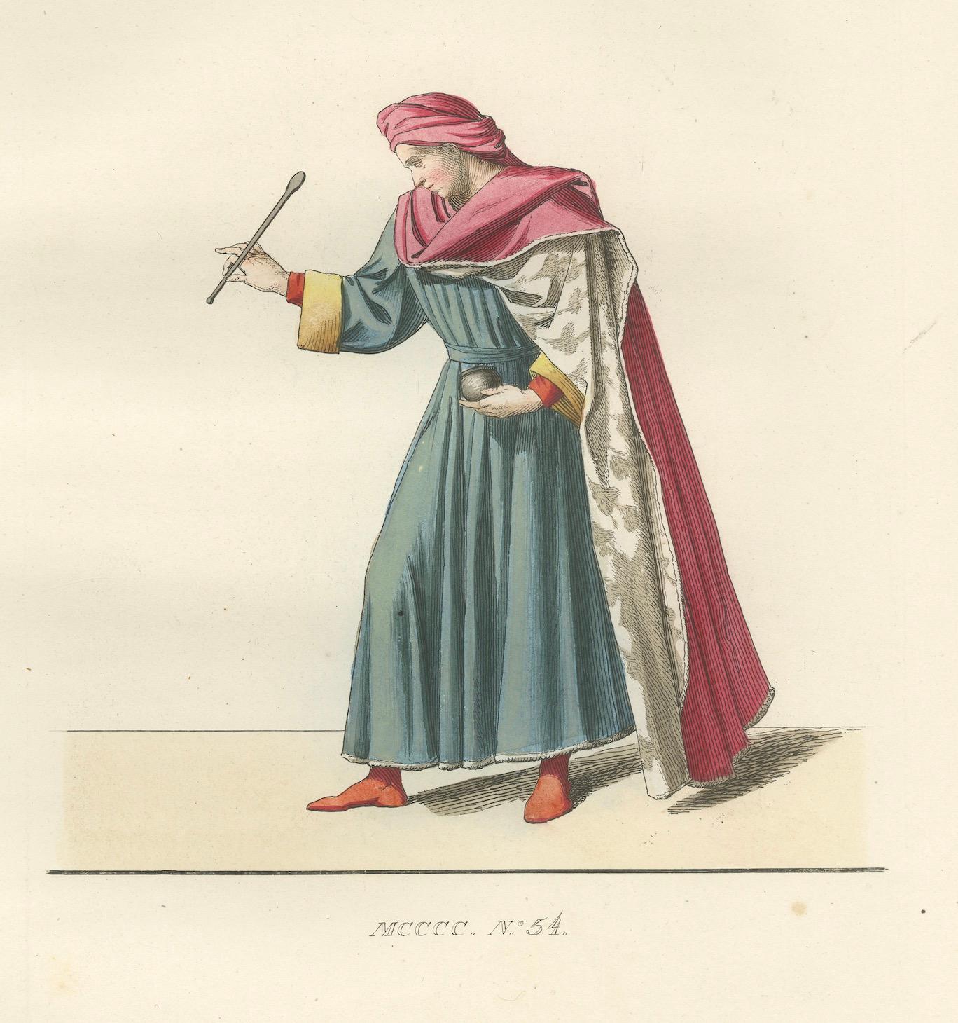 Young Sienese, Noblewoman, and Apothecary in Medieval Italian Dress

This captivating set of three hand-colored costume prints offers a vibrant glimpse into the fashion and social roles of late medieval Italy. Each figure is presented in profile,