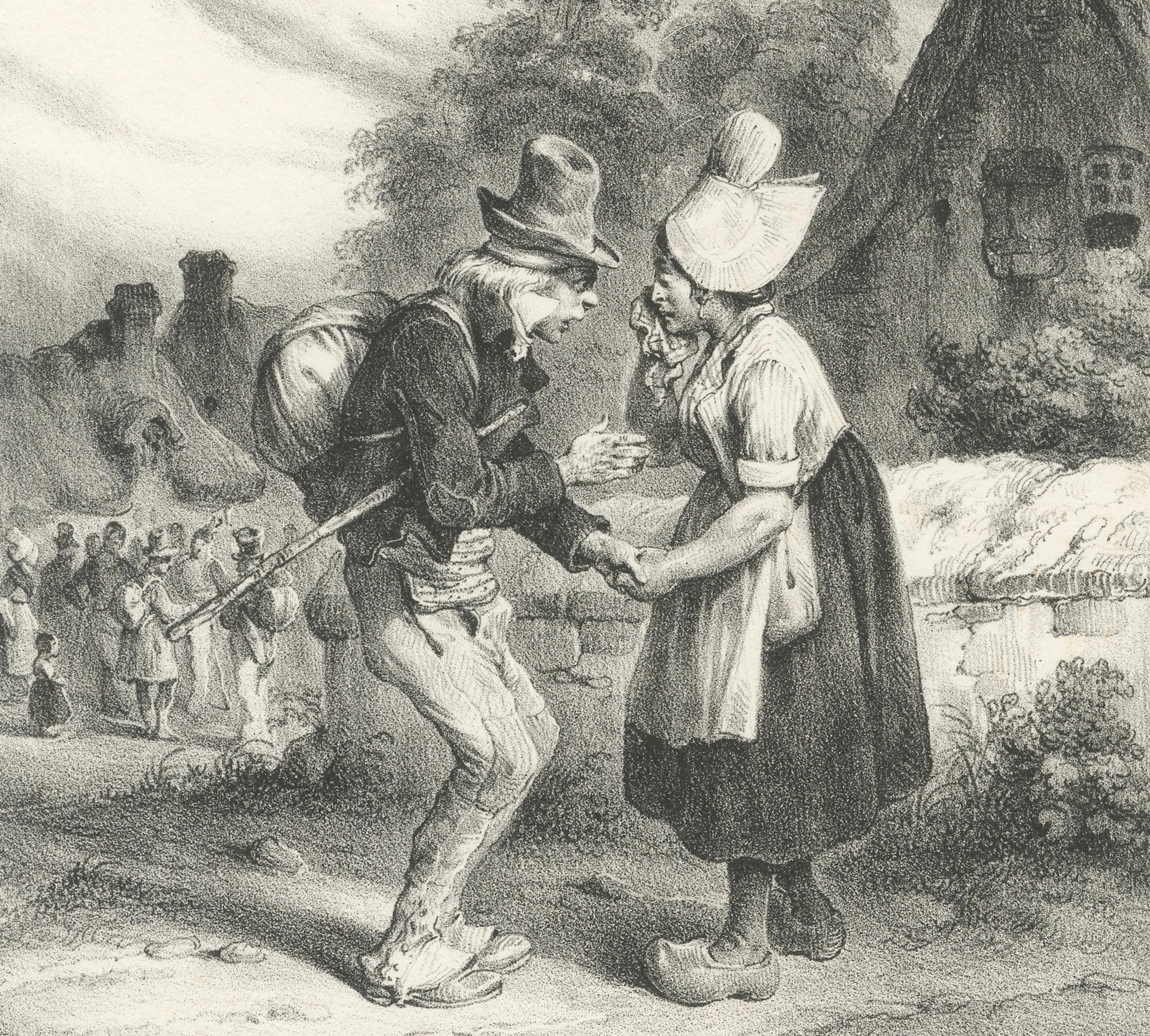 Young Soldier Saying Farewell to Sweetheart, Romantic French Lithograph c.1830