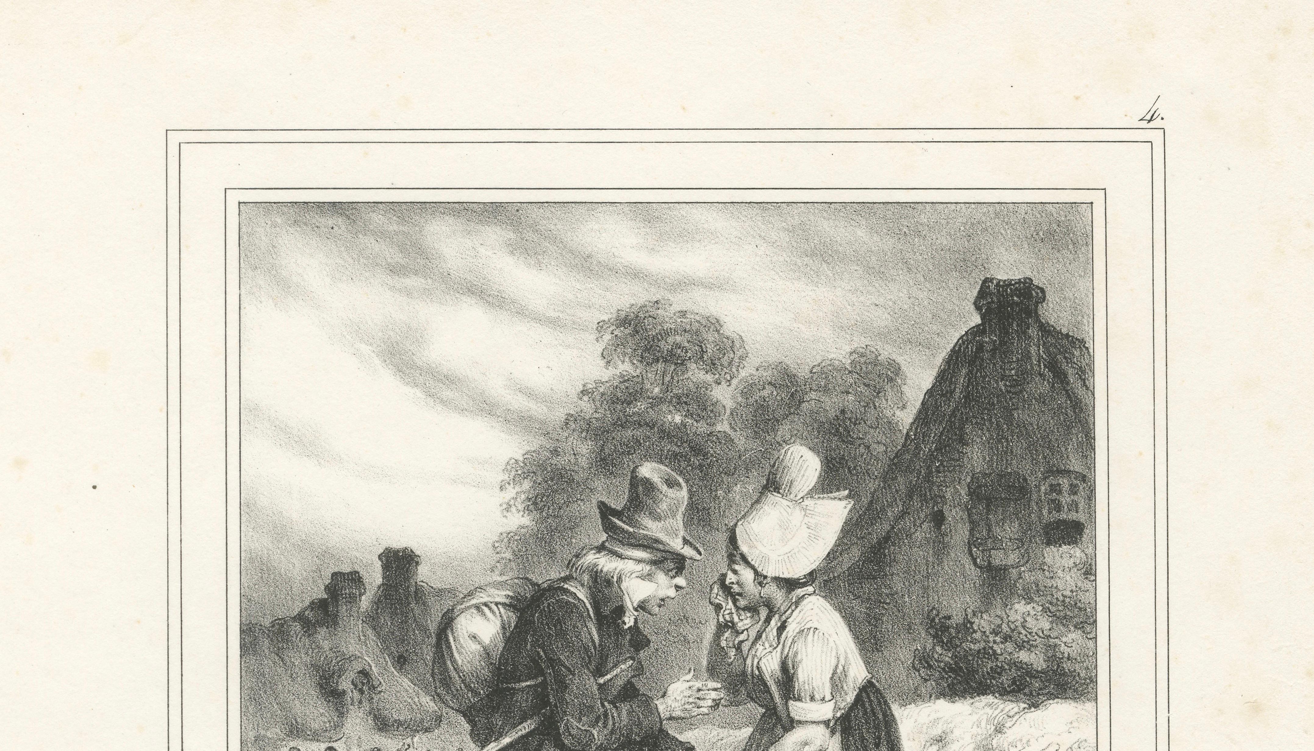 Young Soldier Saying Farewell to Sweetheart, Romantic French Lithograph c.1830