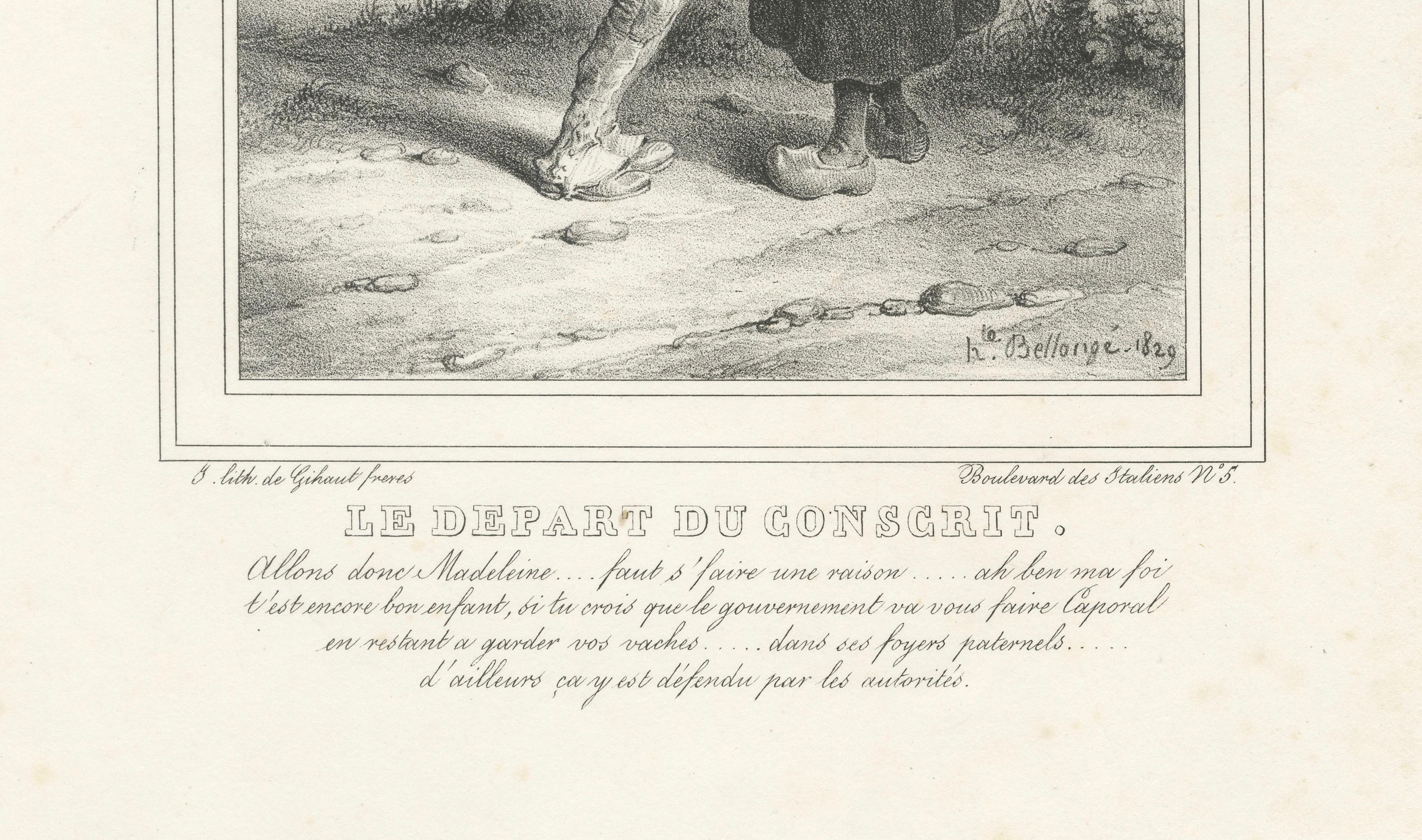 Young Soldier Saying Farewell to Sweetheart, Romantic French Lithograph c.1830