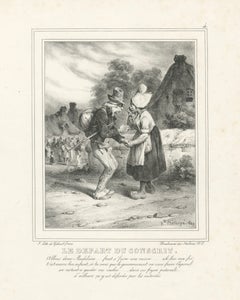 Young Soldier Saying Farewell to Sweetheart, Romantic French Lithograph c.1830