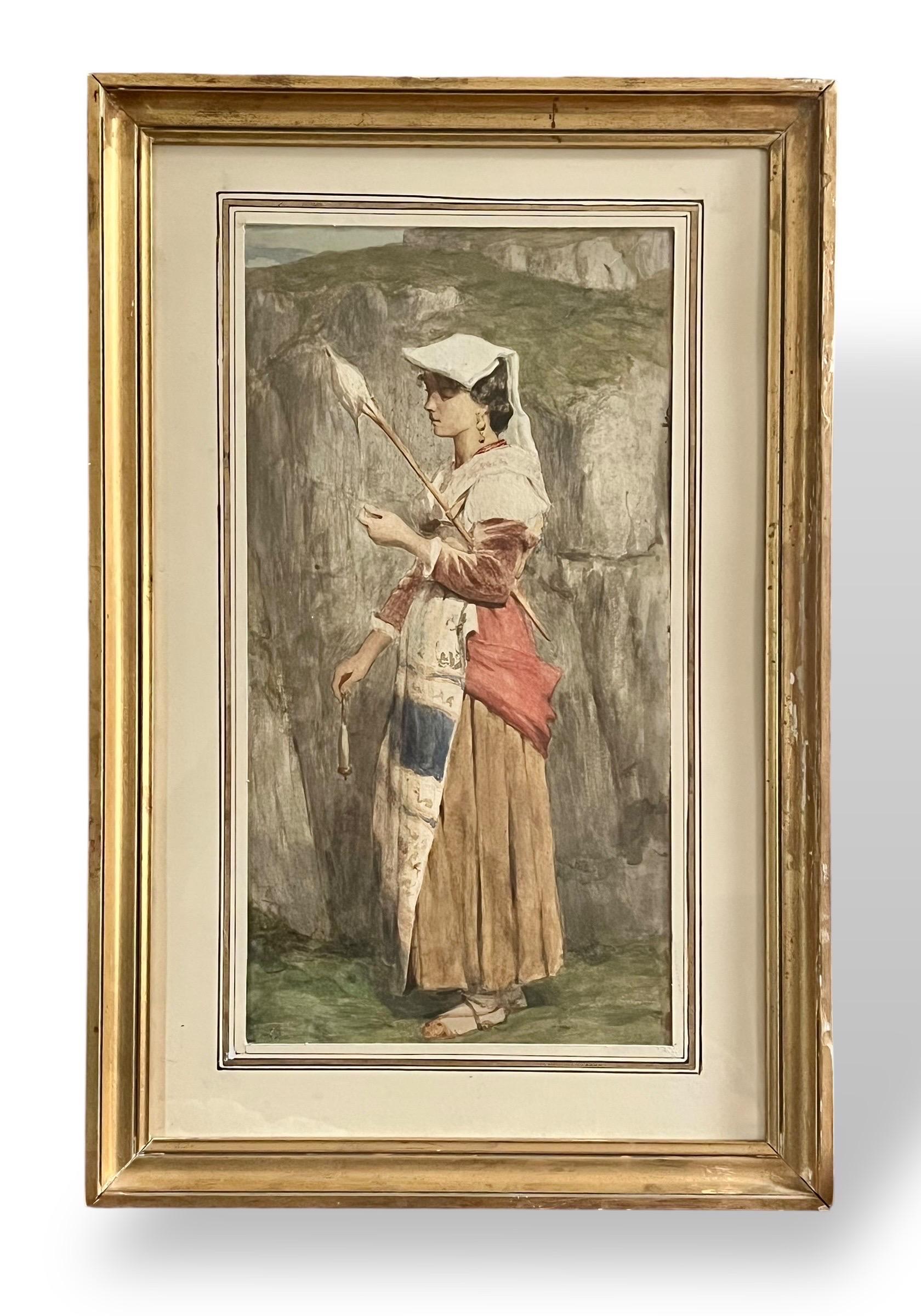 Hervorragendes Aquarell auf Papier, das eine junge Spinnerin in traditioneller italienischer Tracht zeigt, wahrscheinlich neapolitanischer oder süditalienischer Herkunft. Die junge Frau im Profil hält einen Spinnrocken und eine Spindel in der Hand,