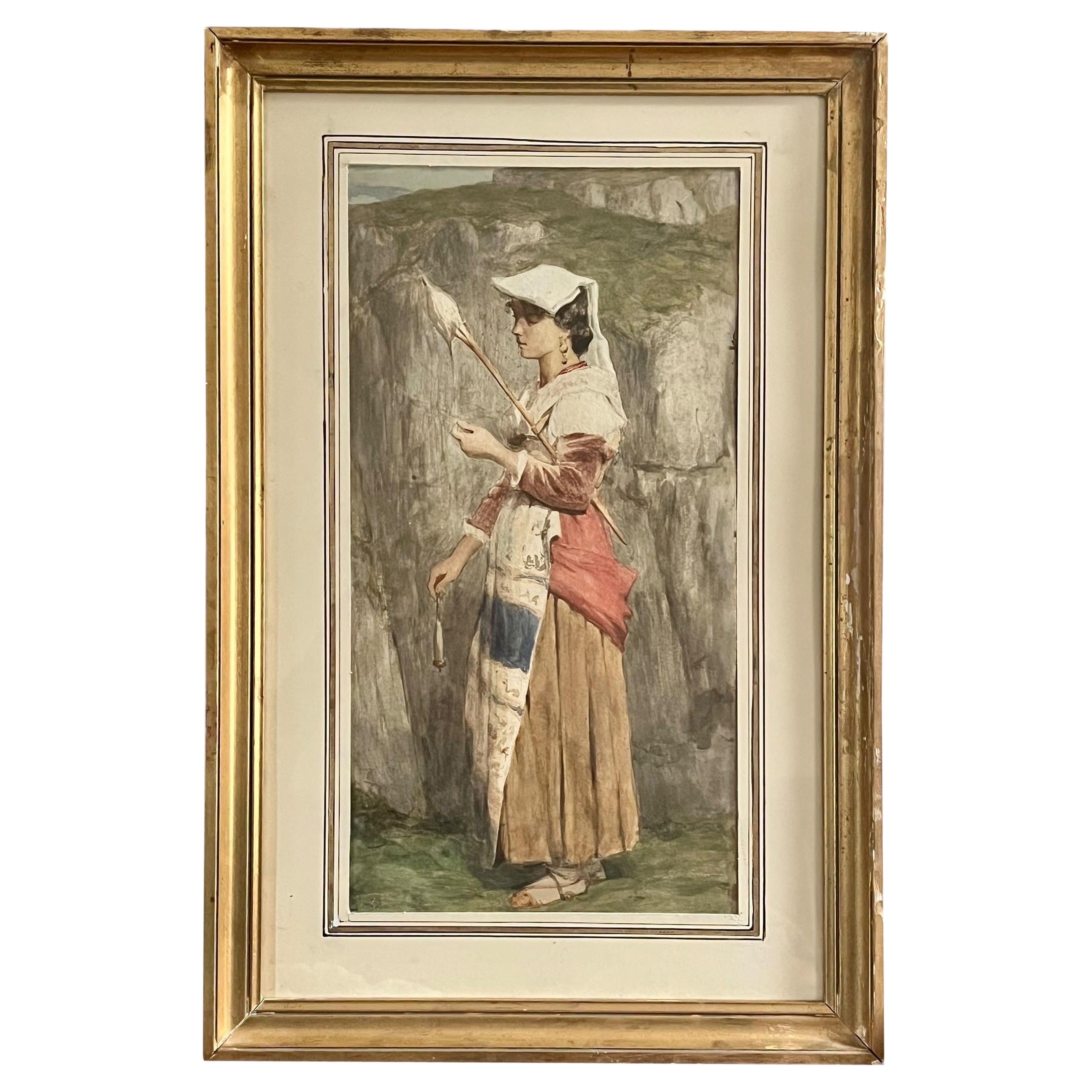 Junge Spinnerin in Tracht Italienische Schule, 19. Jahrhundert im Angebot