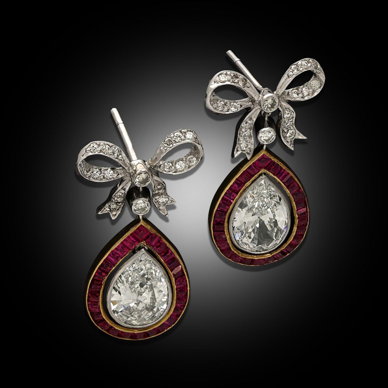 Pear Cut Young & Stephens 1.57ct Pear Shape Diamond & Ruby Drop Earrings circa 1985 For Sale