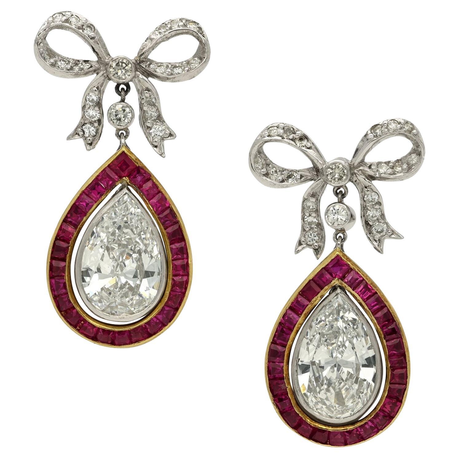 Young & Stephens 1.57ct Pear Shape Diamond & Ruby Drop Earrings circa 1985 For Sale