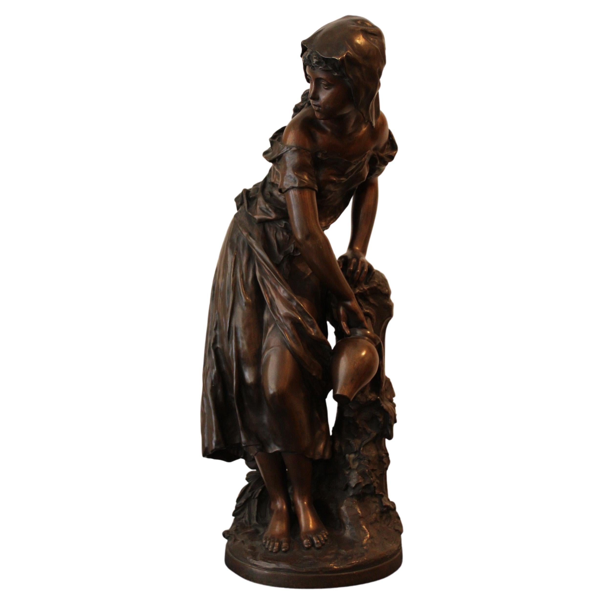 "Young Woman at the Fountain" Bronze by Mathurin Moreau, France 19th Century For Sale