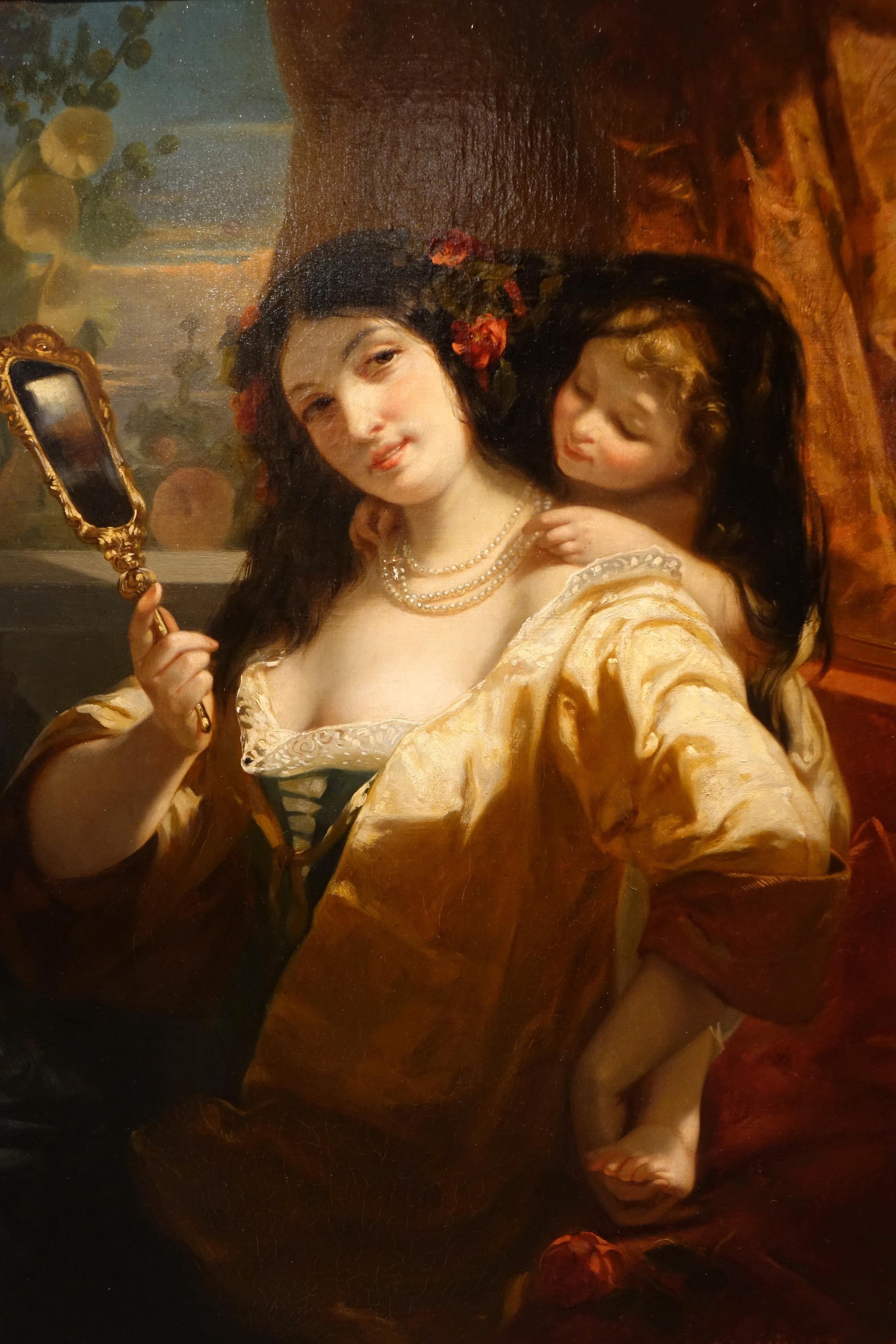 Oil on canvas depicting a beautiful young woman holding a mirror, a child playing on her shoulder, amusing himself by covering his blond hair with the young woman's jet-black hair, and playing with her pearl necklace. 
In the background, behind the
