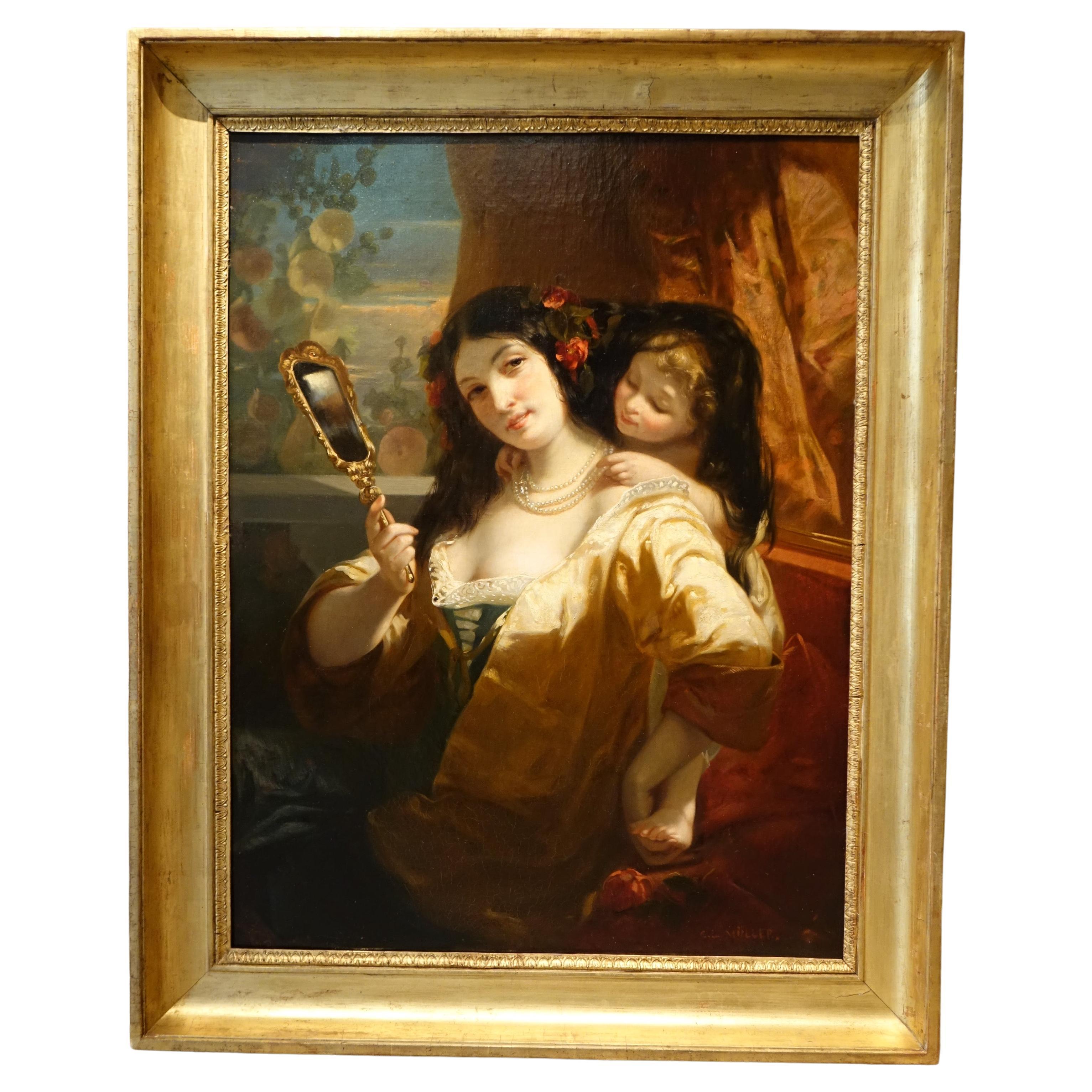 Jeune femme au miroir", huile sur toile, Ch. Louis Muller (1815-1892)