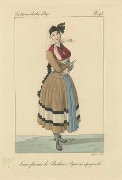 Young Woman from Bucharo, Spanish Pyrenees – Hand-Colored Engraving, c.1820