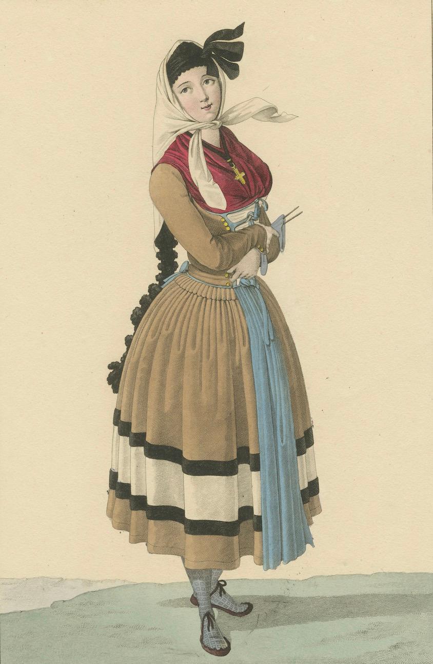 Junge Frau aus Bucharo, Spanische Pyrenäen - Handkolorierter Kupferstich, um 1820 (Französisch) im Angebot