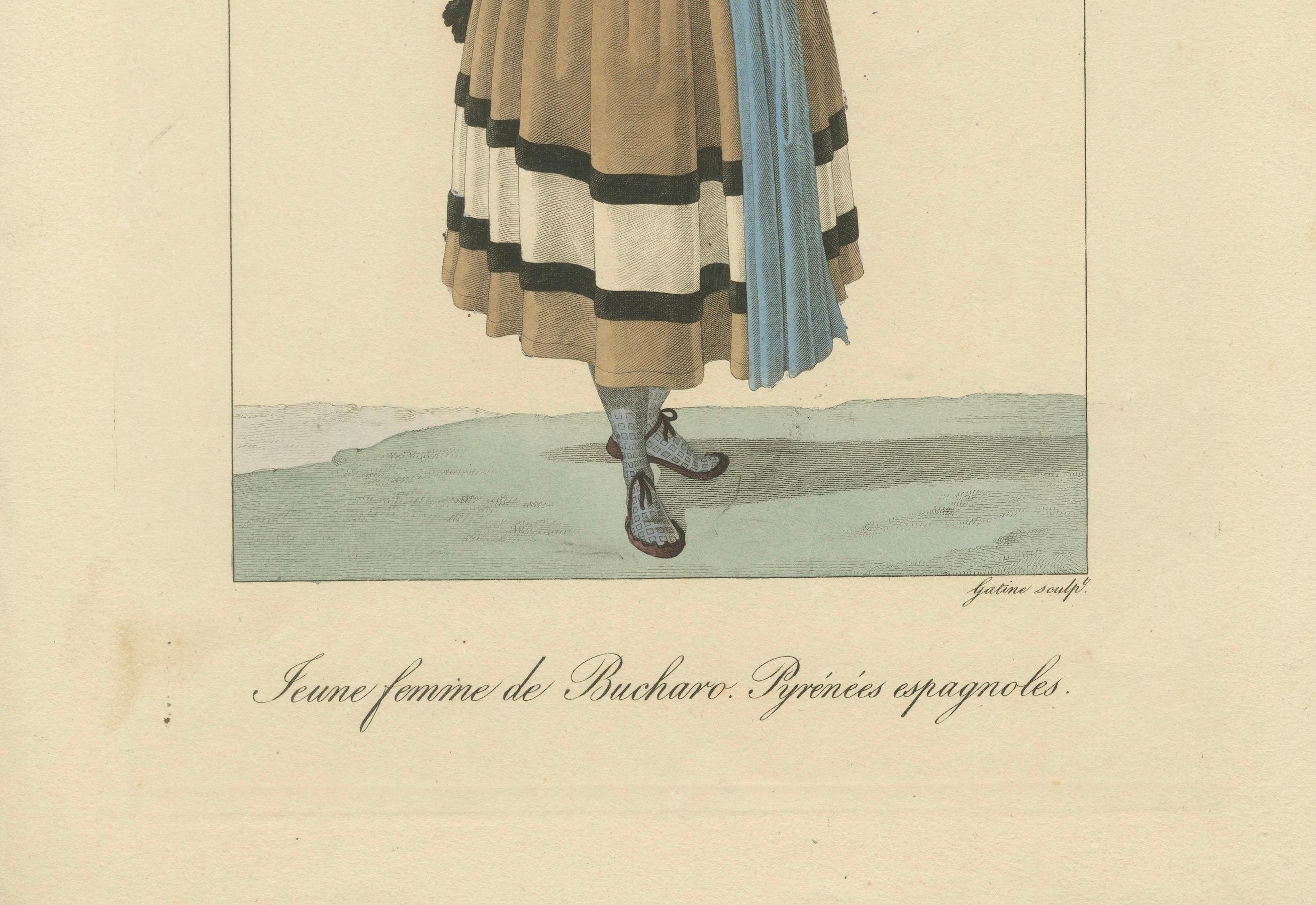 Junge Frau aus Bucharo, Spanische Pyrenäen - Handkolorierter Kupferstich, um 1820 im Zustand „Gut“ im Angebot in Langweer, NL