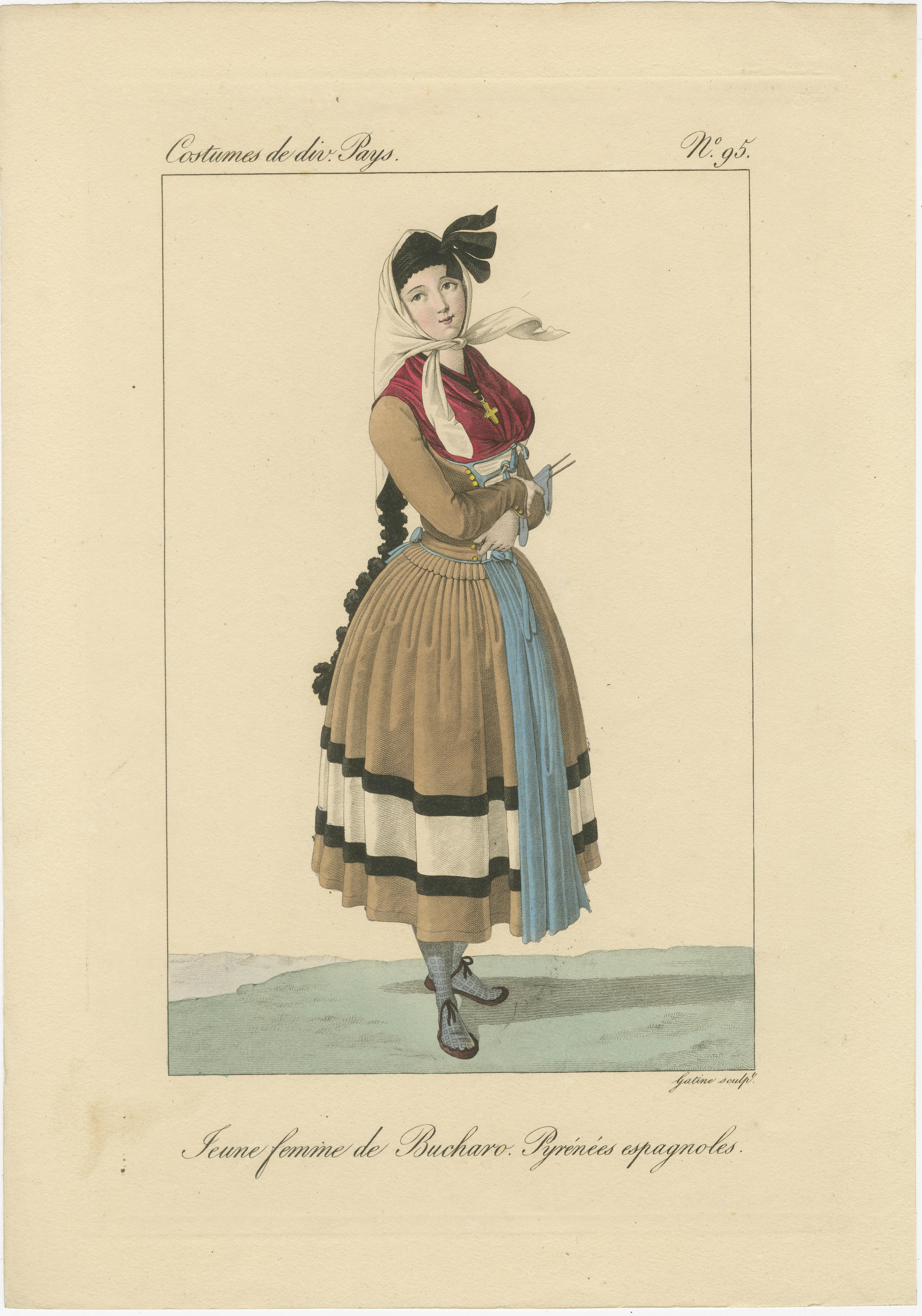 Junge Frau aus Bucharo, Spanische Pyrenäen - Handkolorierter Kupferstich, um 1820 (Papier) im Angebot