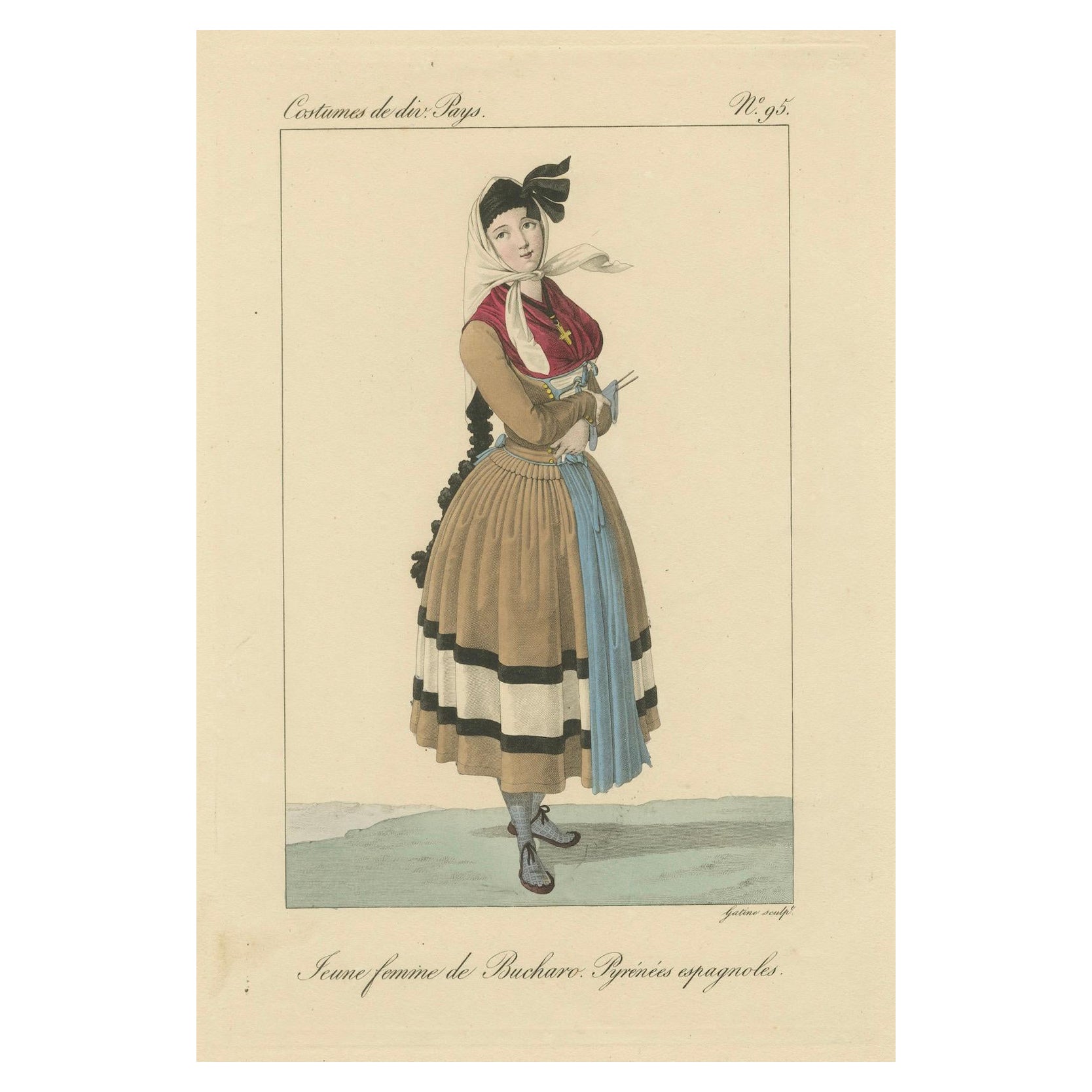 Junge Frau aus Bucharo, Spanische Pyrenäen - Handkolorierter Kupferstich, um 1820