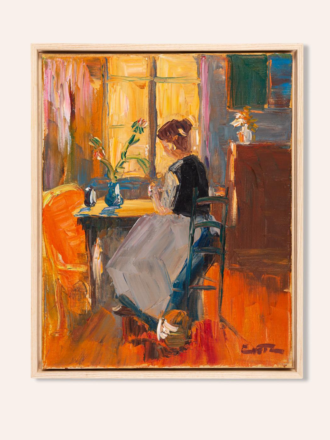 Country Young Woman in Morning Sun Oil on Canvas Impressionist Orange Sunset For Sale