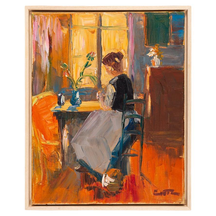 Young Woman in Morning Sun Oil on Canvas Impressionist Orange Sunset For Sale