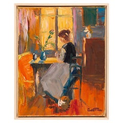 Vintage Young Woman in Morning Sun Oil on Canvas Impressionist Orange Sunset