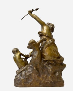 Mujer joven jugando con un niño, grupo de bronce, por R. Larche, Francia hacia 1880