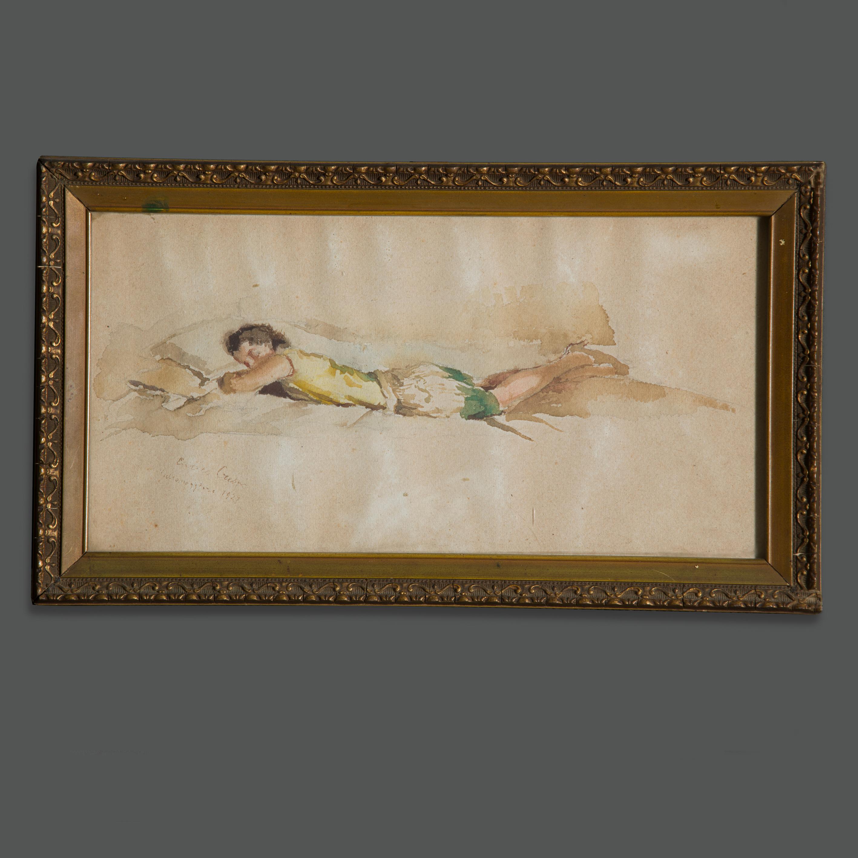 Belle et évocatrice peinture à la technique de l'aquarelle du grand artiste de l'école milanaise Enrico Crespi.
Elle représente une jeune femme allongée sur son lit, rêveuse.
Il s'agit vraisemblablement d'un jeune descendant de la haute société