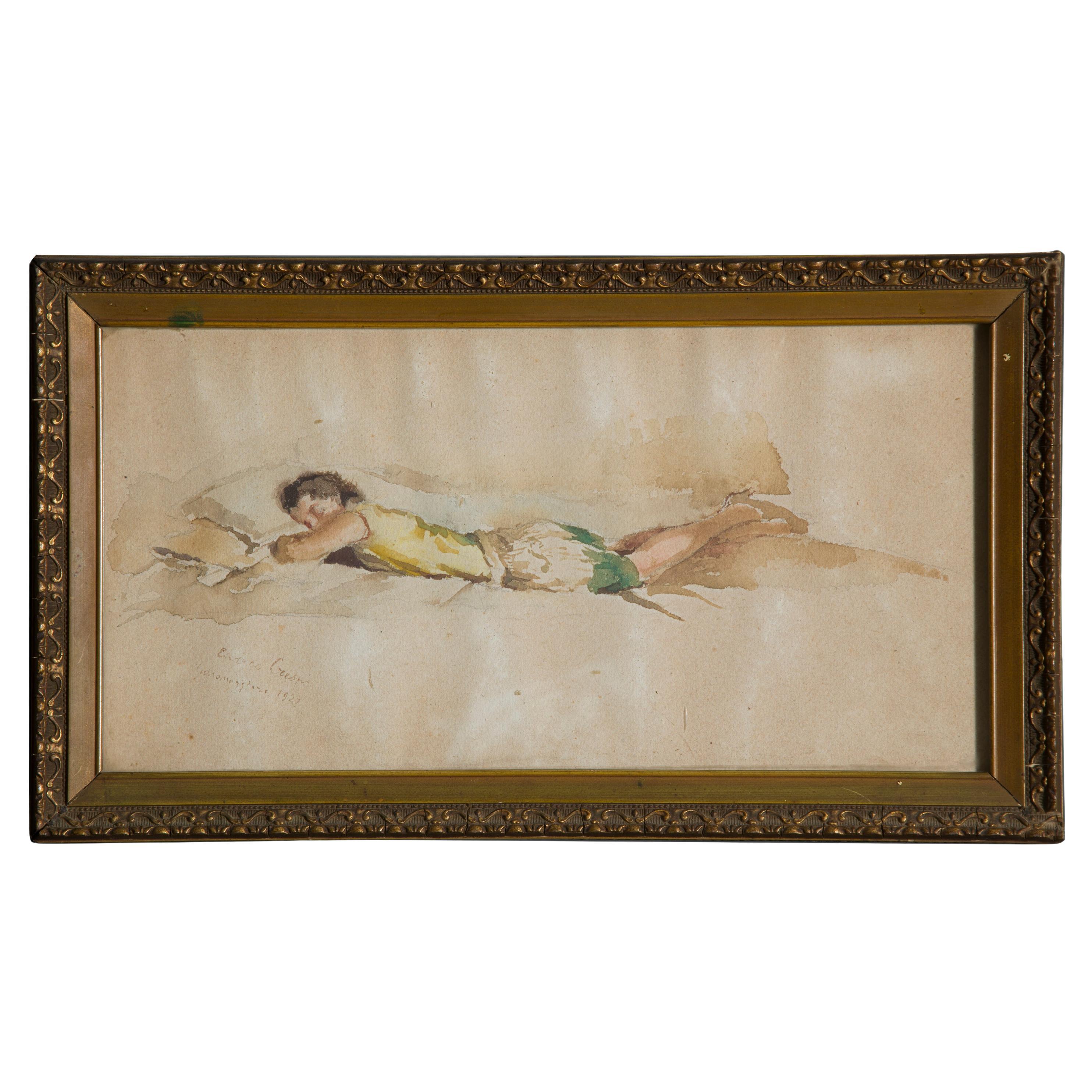 Young Woman Portrait by Enrico Crespi Signed Located Dated Italian Watercolor  For Sale