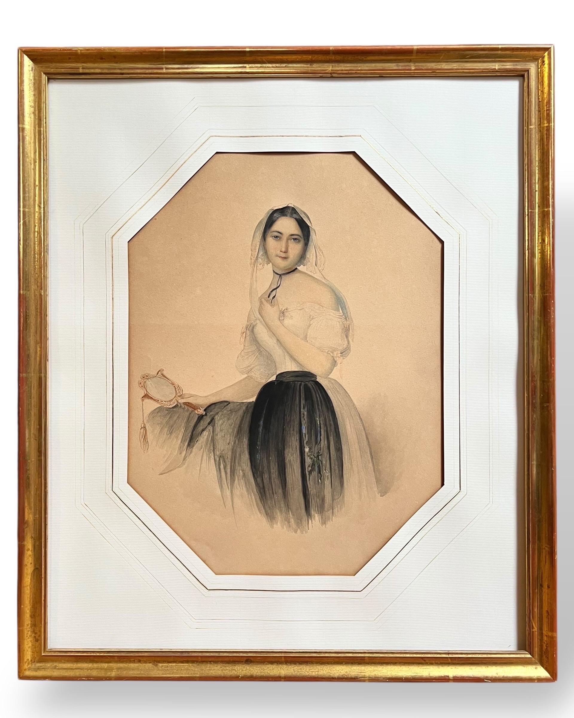 Un beau dessin au crayon rehaussé d'aquarelle, exécuté avec une remarquable finesse. L'artiste fait ici preuve d'une grande maîtrise du trait et de l'éclairage, traduisant avec élégance les volumes, les textures et les expressions.

La scène